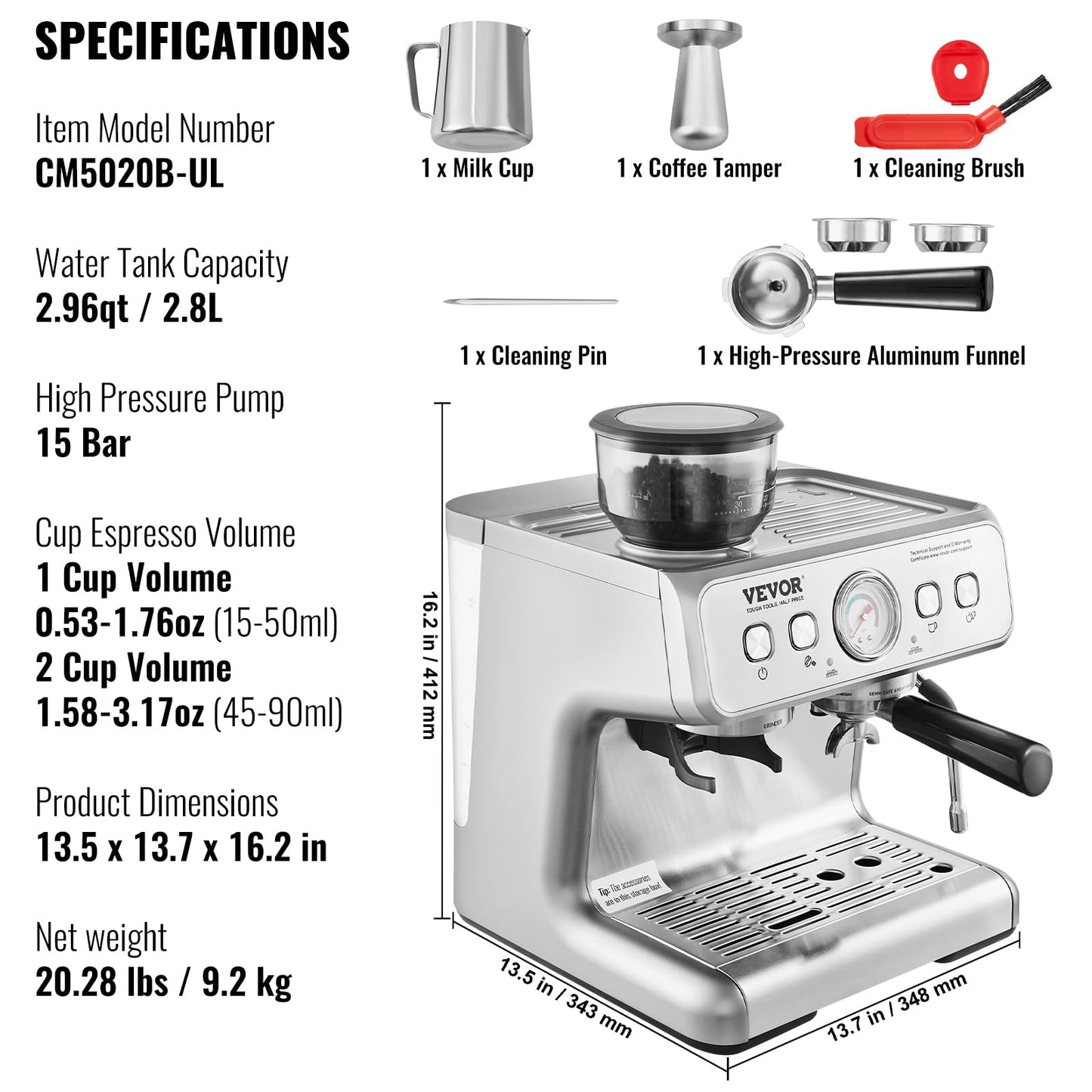 VEVOR Espresso Machine Built-in Grinder, 15 Bar Semi-Automatic Espresso Coffee Maker with Milk Frother Steam Wand, PID Control System for Cappuccino, Latte, Machiato