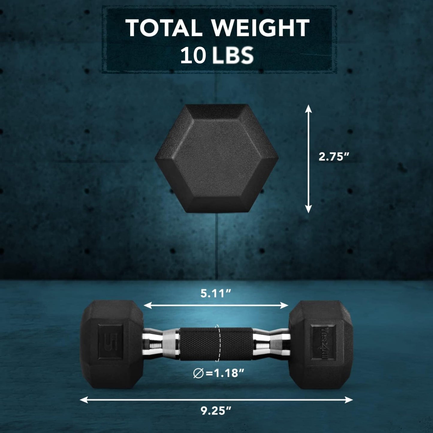 Yes4All 5 LBS Pair Rubber Encased Exercise & Fitness Hex Dumbbell Set, Hand Weight