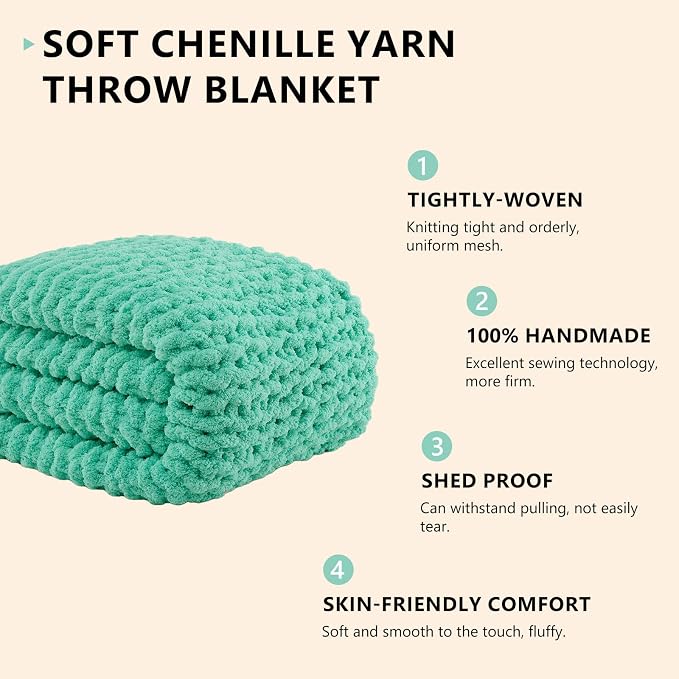 L'AGRATY Chunky Knit Blanket Throw: 60''x80'' Chenille Chunky Knitted Throw Blankets for Bed Couch - Handmade Thick Big Cable Knit Blanket - Large Crochet Rope Blankets for Home Decor(Aqua)