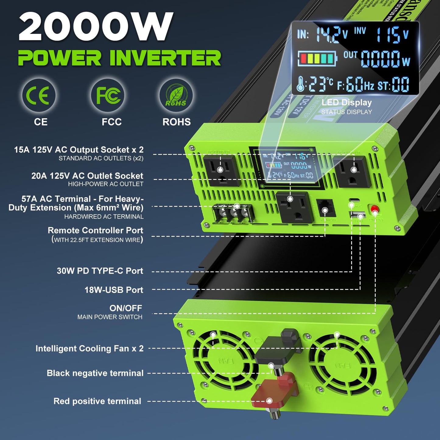 Vansdon 2000W Pure Sine Wave Inverter 12V DC to 120V AC Inverters for RV,Truck, Solar, Home, Off-Grid, Car Power Inverter with LCD Display, 3 AC Outlet, 30W USB-C, USB, Remote Control, Surge 4000W