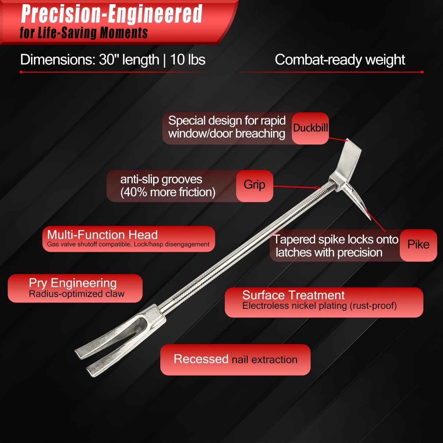 30" Halligan Bar Firefighter Tool - Forged Steel One-Piece Construction | Fork Gap Design