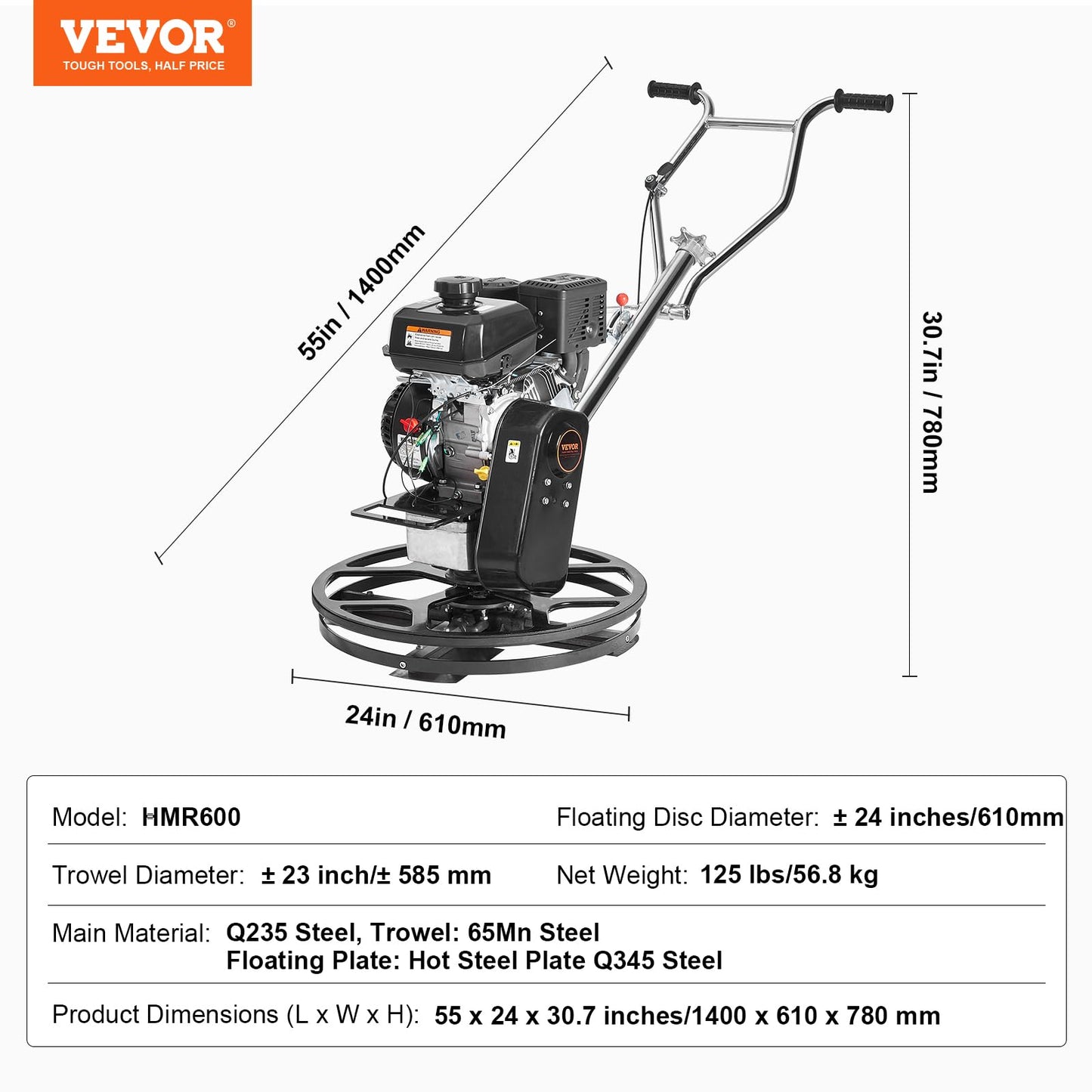 VEVOR Power Trowel 24 inch, 6HP Gas-Powered Smooth Concrete with Float Pan, Heavy Duty Commercial Screed Concrete Cement with Finishing Blade