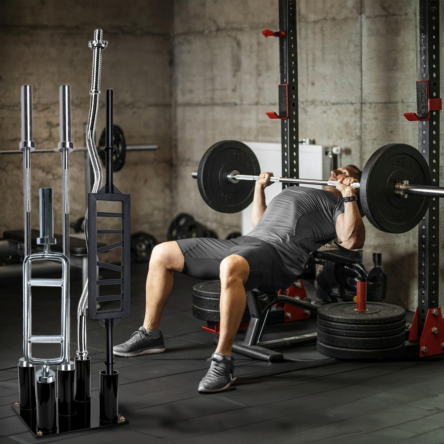 Tebery Barbell Floor Stand Holder, 5 Barbells Vertical Corner Storage Rack, Heavy Duty Home Gym Weight Organizer for Bars, Hex, Trap, Curl, Triceps Bars