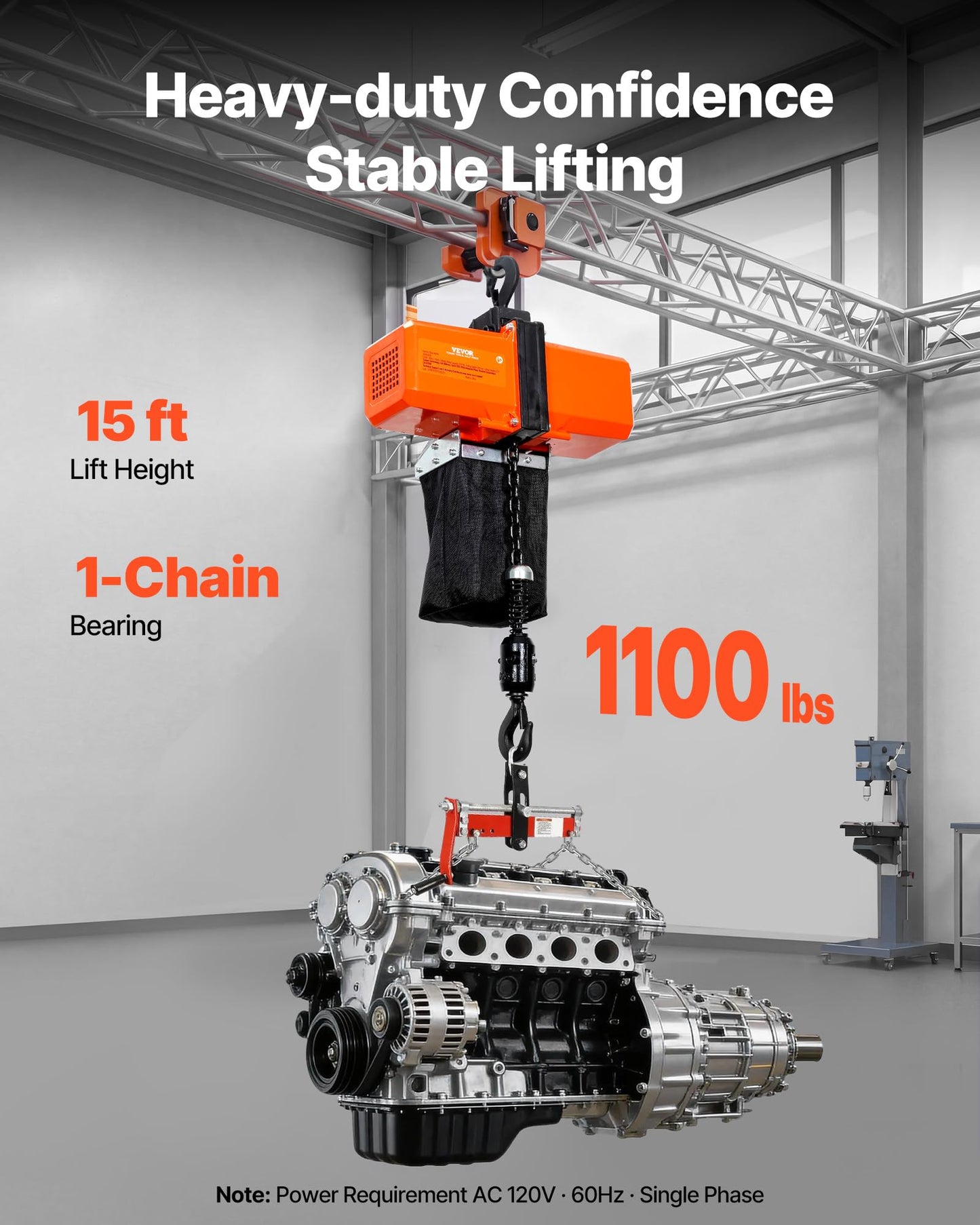 VEVOR 1100 lbs Electric Chain Hoist 15 FT Lifting Height, 120V Electric Hoist, Single Phase Overhead Crane with G100 Chain, 10 ft Wired Remote Control for Garage, Shop, Hotel, Home