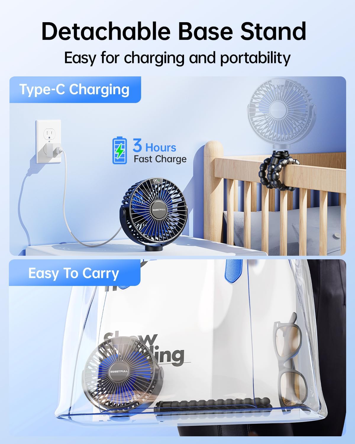 Sweetfull Portable Stroller Fan - 4-Speed Rechargeable Mini Clip-On Fan with LED Display | 360° Rotation, Black