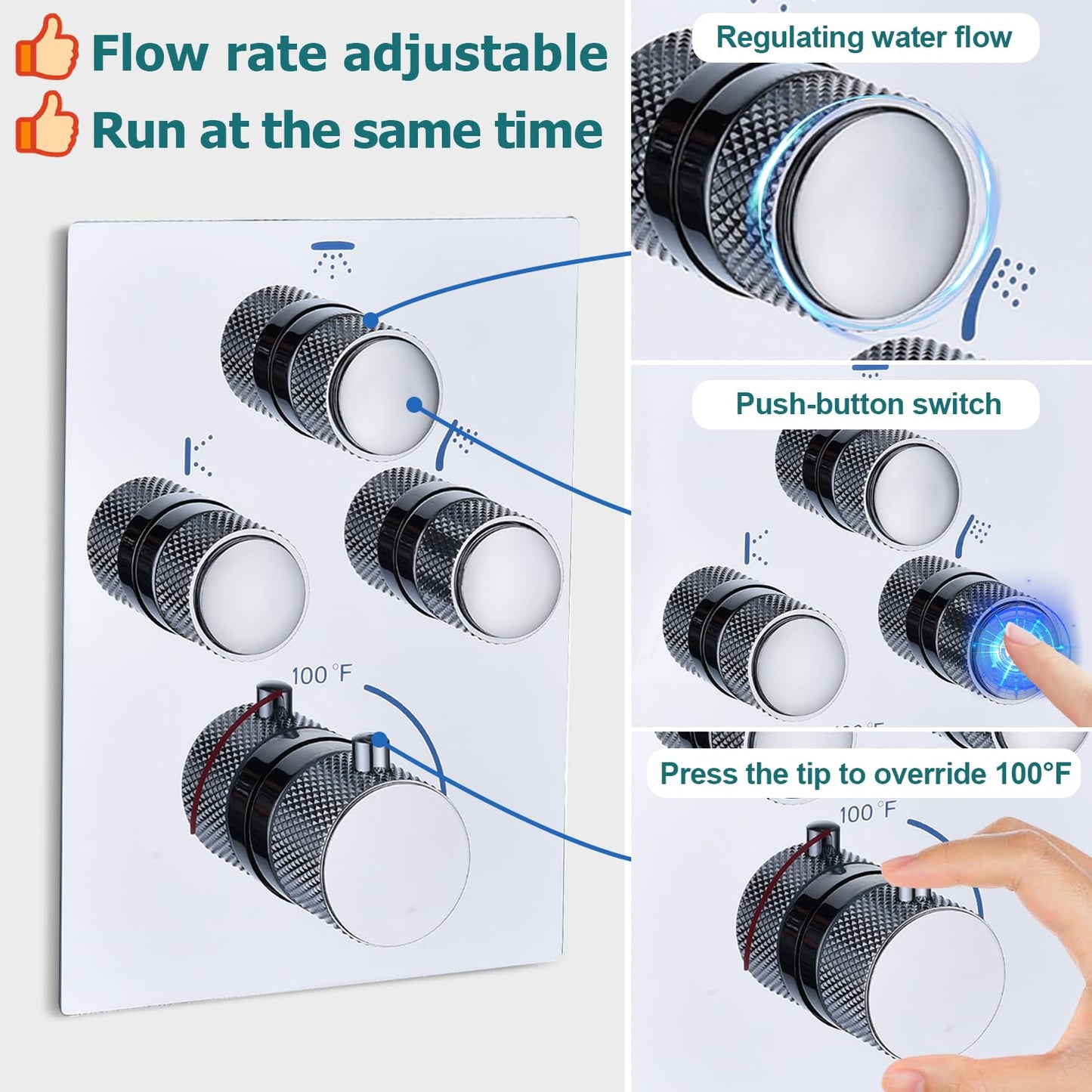 NPYSVSSS Rain Shower System,12 Inch Wall Mounted Rain Shower Head with Body Jets and Handheld Shower, Push Button Thermostatic Shower Faucet Set, Can Use all Options at a Time, Polished chrome