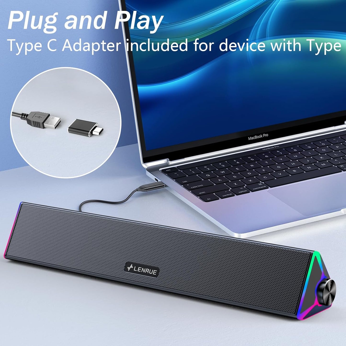 LENRUE Computer Speakers for Desktop,PC Speakers with Single USB for Power and Stereo Sound,Touch Lights Gaming