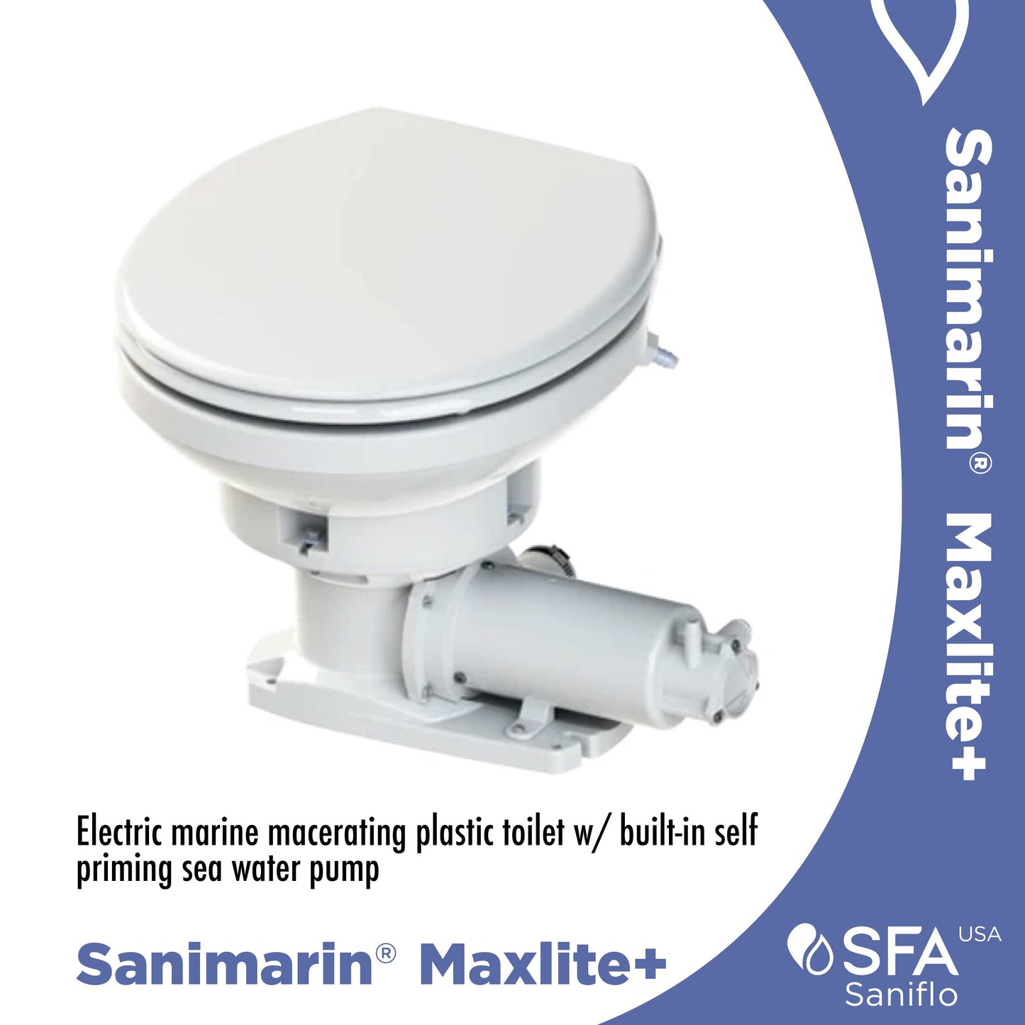 SFA SANIFLO - Sanimarin Maxlite+ - Electric Marine Macerating Toilet - Self-Priming Sea Water Pump - Low Profile Automatic Toilet System - Stainless Steel Blade - Lightweight - 24V - Made In France