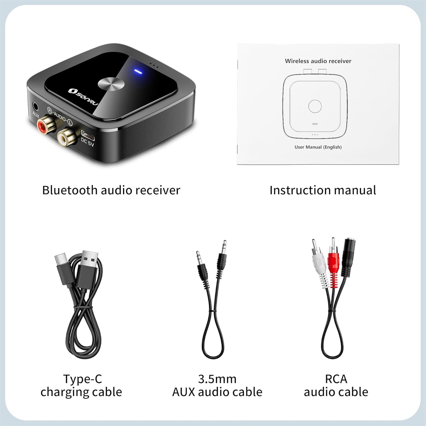 SONRU 6.0 24-Hour 3.5mm/RCA, Bluetooth Receiver, Bluetooth Adapter for Old Receiver, Low Latency, Battery Life with AUX