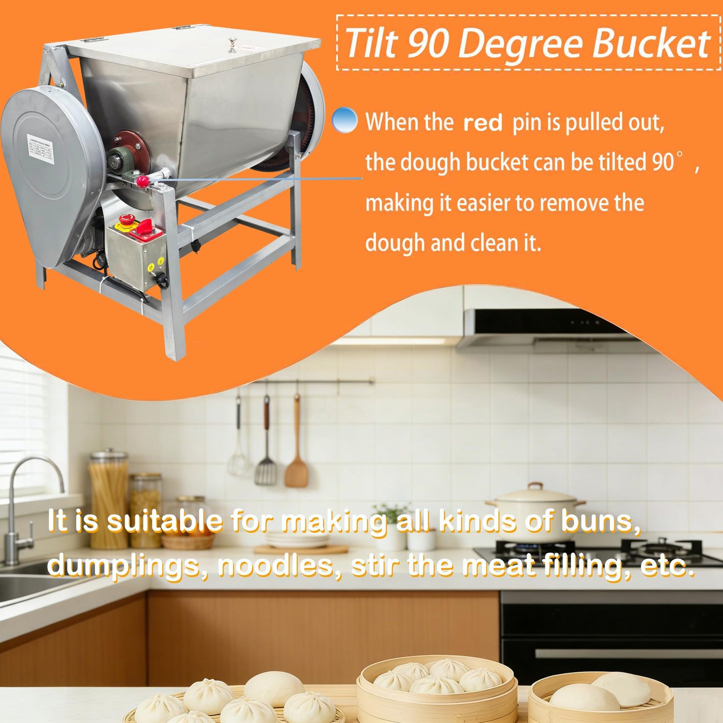 BEILOCKERY 110V 15kg Electric Dough Mixer with 90 Degree Tilt Bowl, 1500W Commercial Dough Kneading Machine, Heavy-Duty Dough Kneading Machine, Stainless Steel Food Mixer