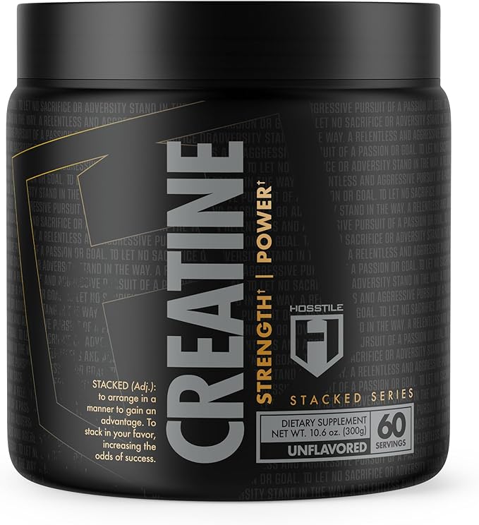 HOSSTILE Creatine Monohydrate Powder for Men & Women, Micronized, Improve Muscle Size, Strength & Power Output, Post Workout Recovery Drink, Unflavored, 60 Servings