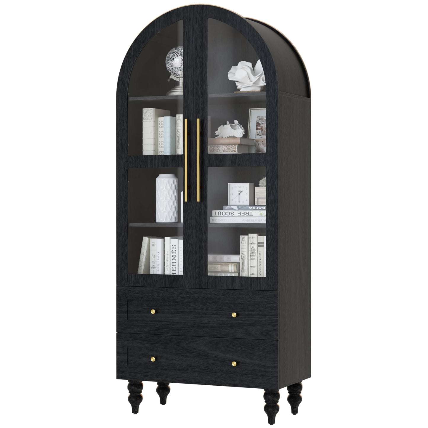 Shintenchi Tall Arched Kitchen Pantry, Modern Farmhouse Wood Kitchens Storage Cabinet with Glass Doors & Adjustable Shelves and 2 Large Drawers,Versatile Cupboard for Kitchen, Dining Room, Black