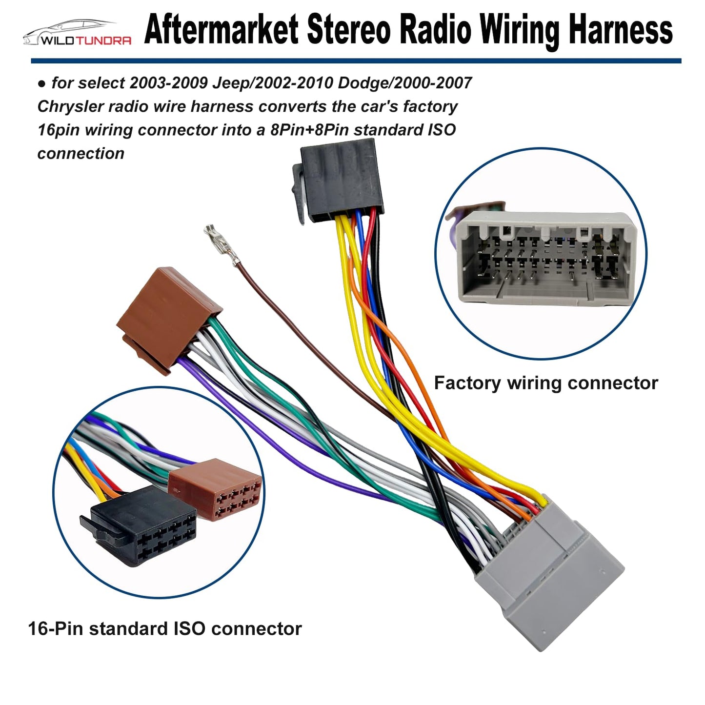16Pin 2003-2009 2002-2010 2000-2007, 8Pin+8Pin Aftermarket Wiring Harness for Jeep Dodge Chrysler Android Car Stereo