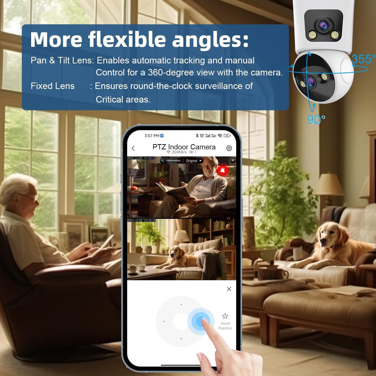 Kinnkall 4MP 360 2.4G/5G 24/7 2-Way Dual Lens Indoor Security Camera, Pan/Tilt Baby & Pet Monitor, WiFi, Motion