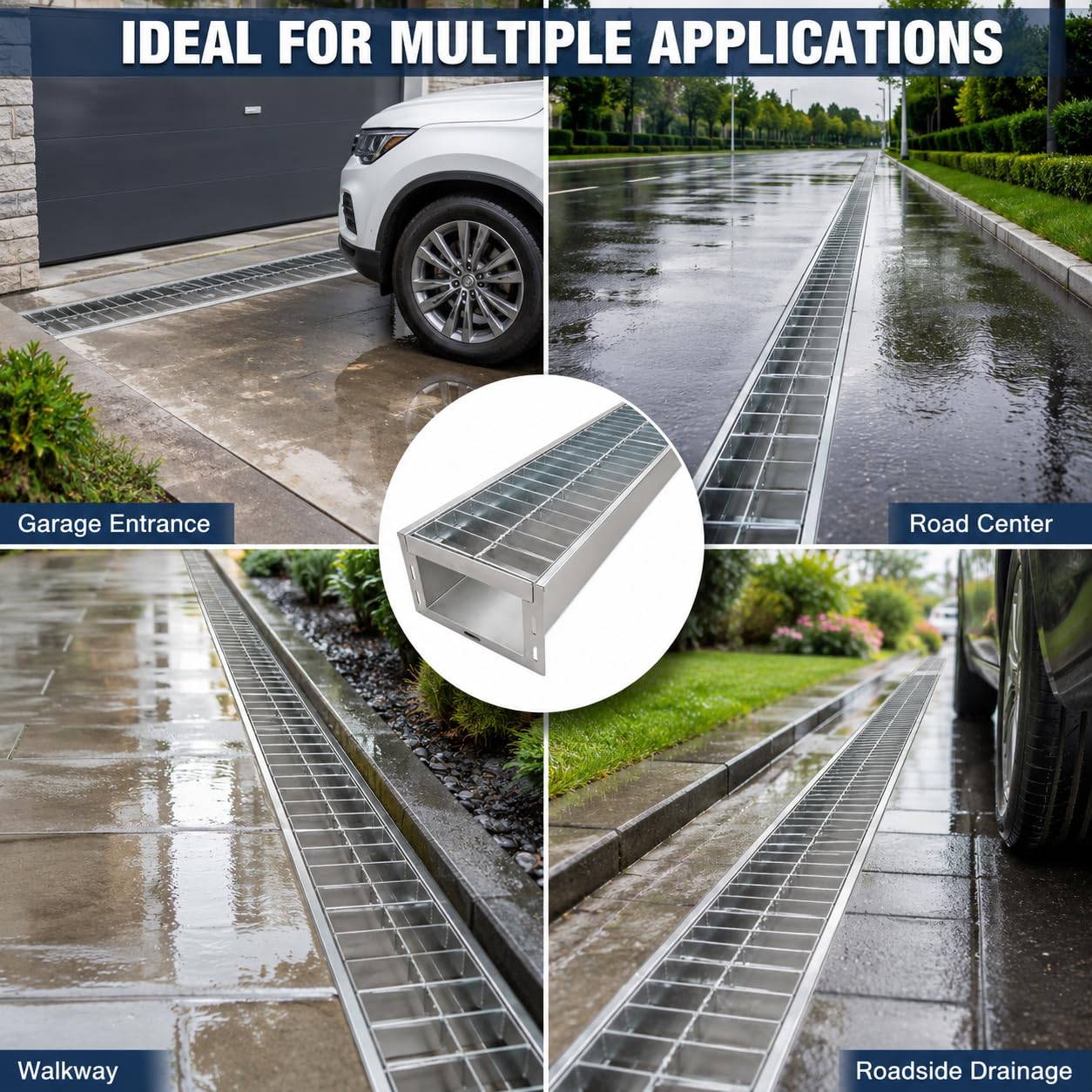 TONGMO 304 Stainless Steel Channel Drain with Stainless Steel Grate, 39.4" x 9" x 6" Heavy-Duty Trench Drain System, Class C Load Rating (55,000 lbs) for Driveways, Commercial Areas & Industrial Sites