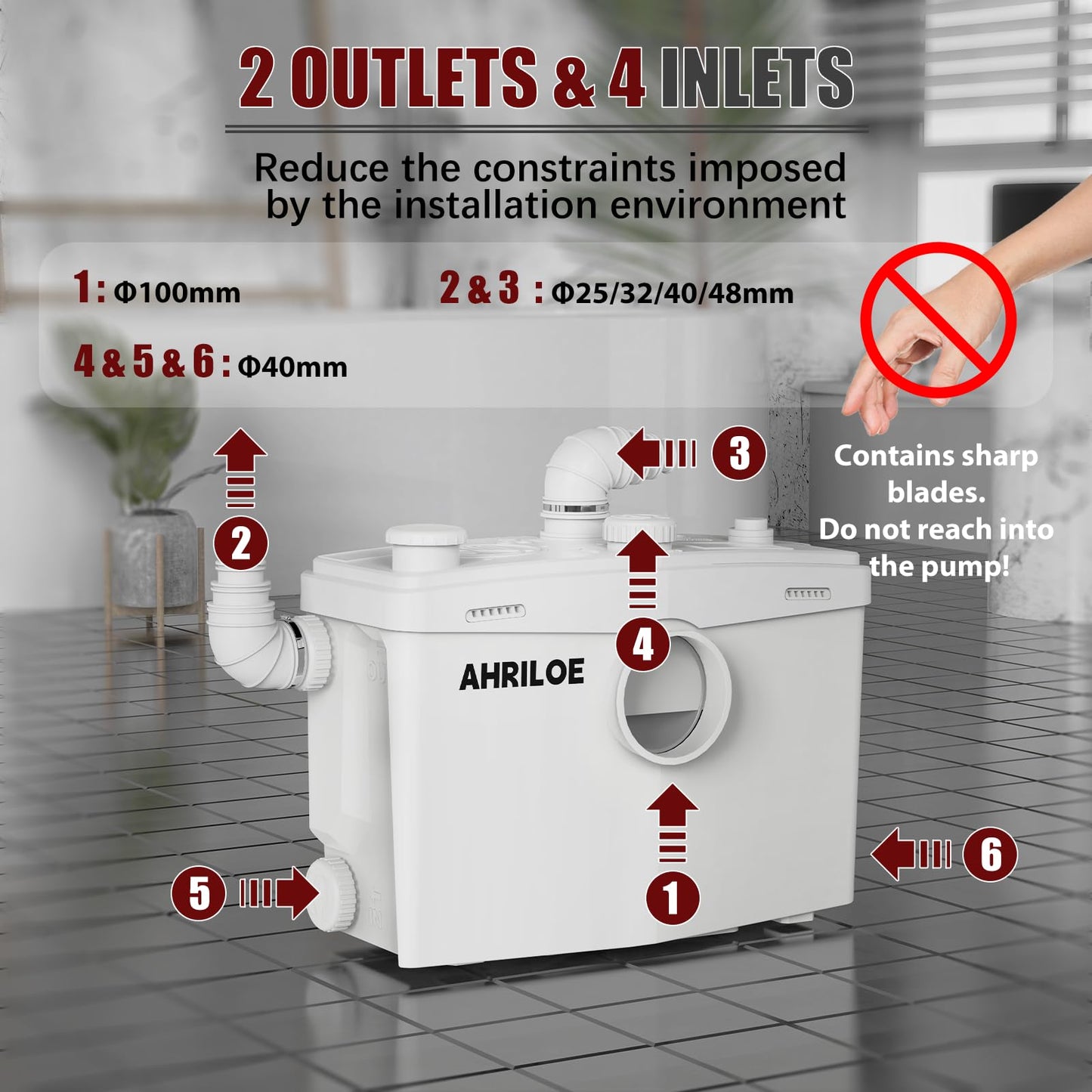 1875W Macerator Pump, 2.5HP Macerating Toilet System with 2 Outlets/4 Inlets, Sewage Pump for Basement, Sink, Toilet, Laundry, Kitchen