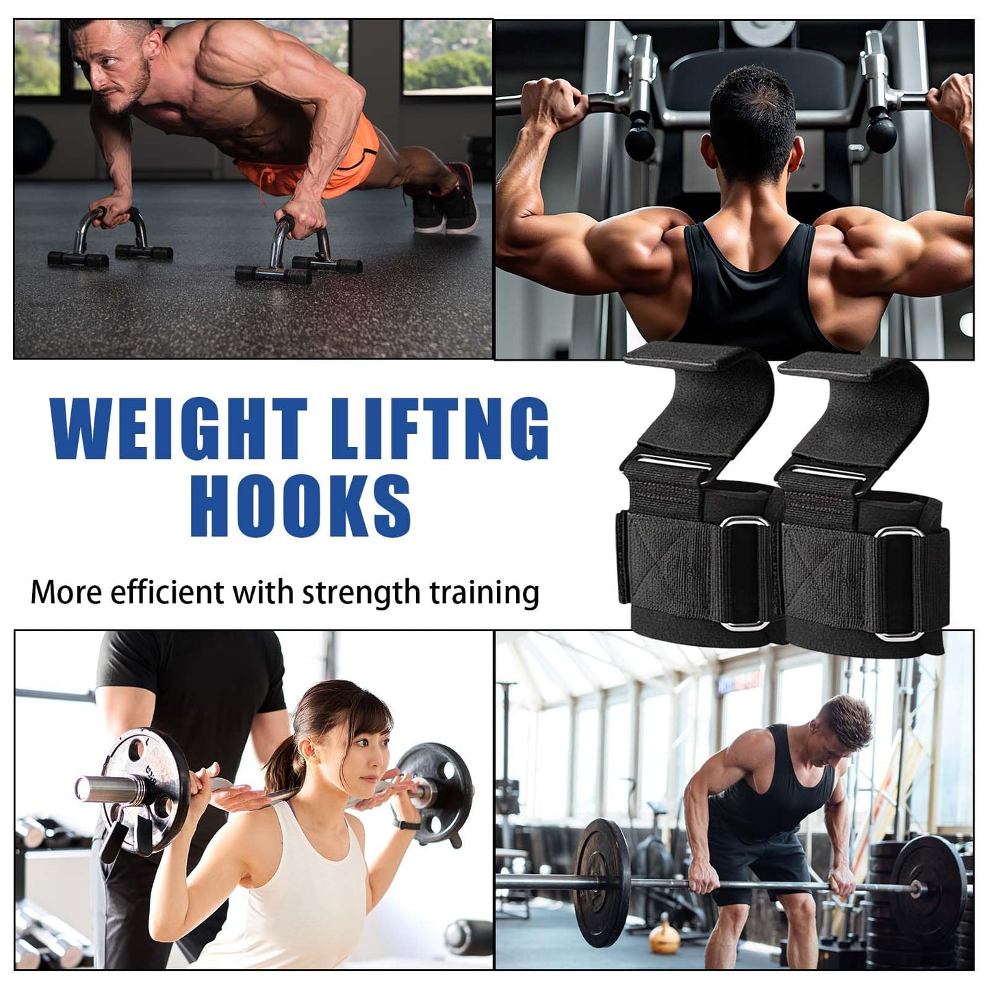 Weight Lifting Hooks (Pair) - Heavy Duty Lifting Wrist Straps, Hand Grip Support for Deadlifts, Pull Ups, Shrugs, Weightlifting Hooks Gym Gloves for Men and Women (Black)