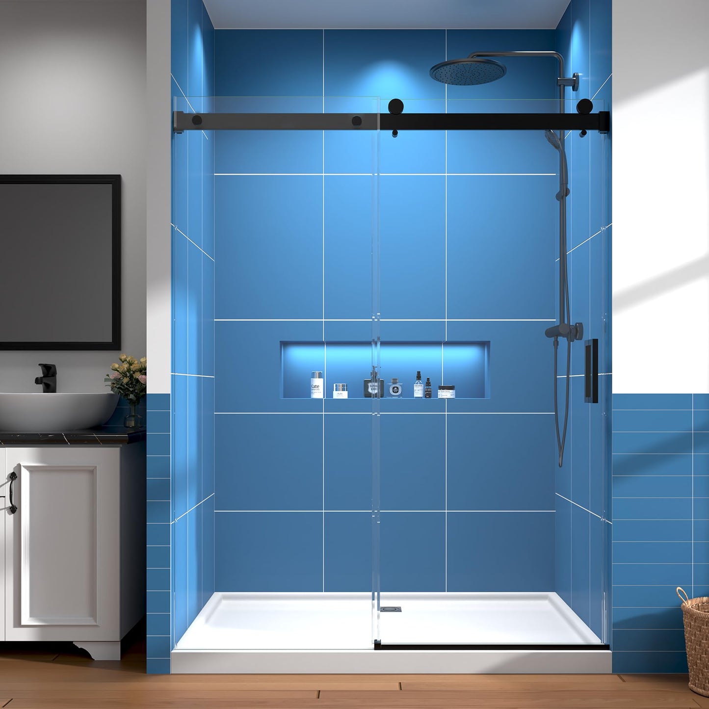 56-60" W × 76" H Frameless Shower Door, 1/4" (6mm) Tempered Glass, Sliding Glass Shower Door with Explosion-Proof Film Nano Coating, Stainless Steel Hardware, Matte Black