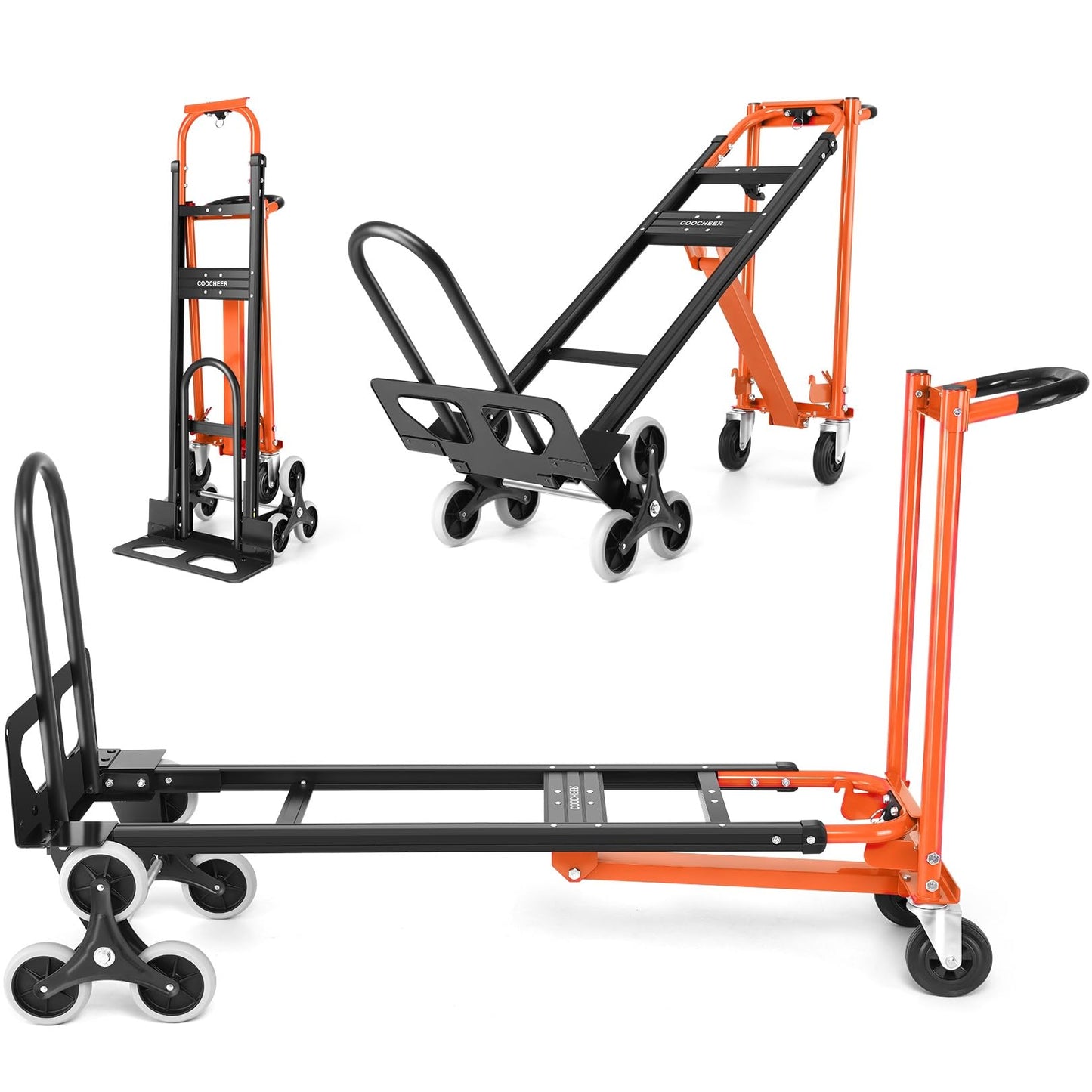 1000LBS Heavy Duty Convertible Hand Truck, 3 in 1 Aluminum Stair Climbing Dolly, Folding Hand Truck Dolly Cart with Solid Wheels for Moving/Travel/Office (Orange)