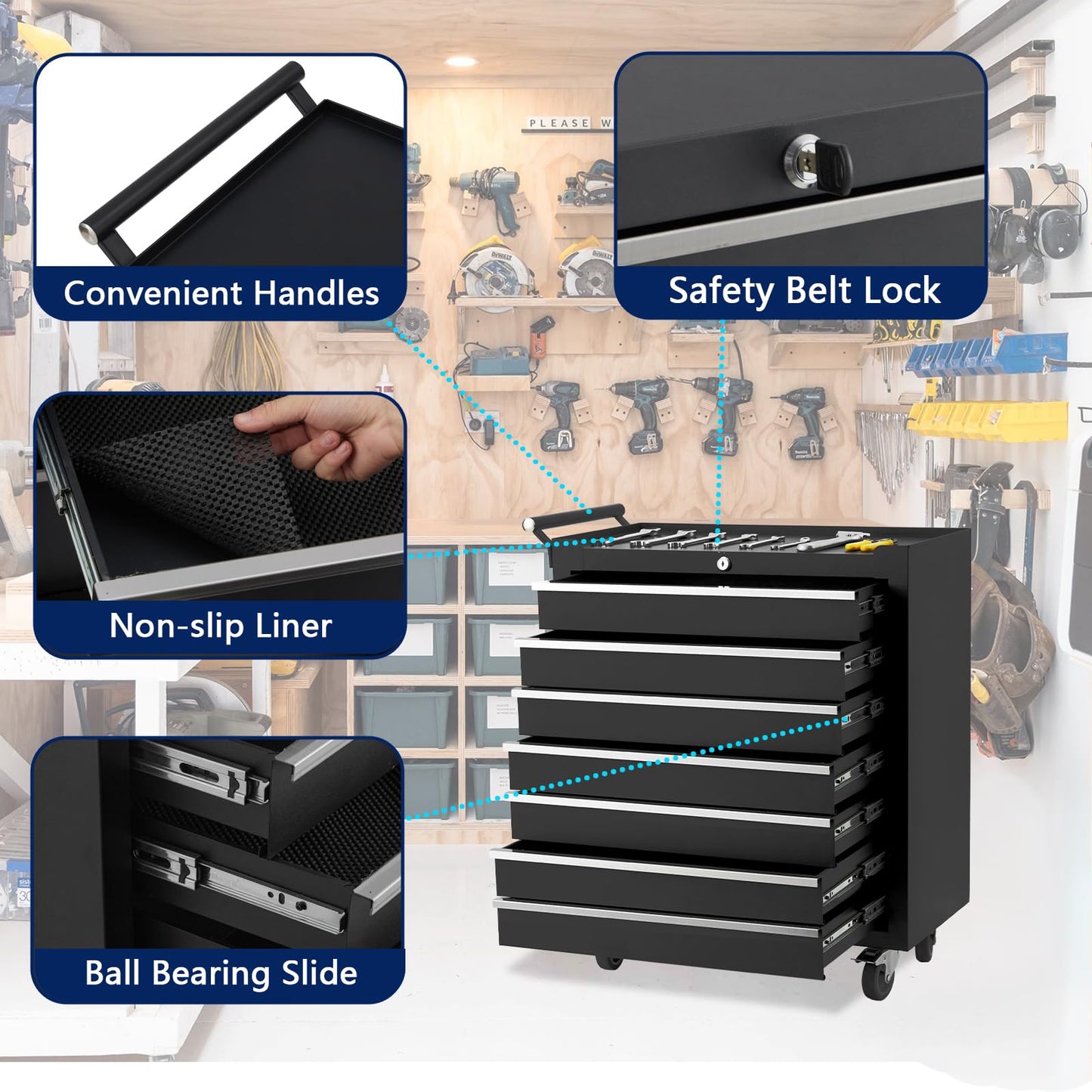 GarveeLife 24-Inch Rolling Tool Chest, 7-Drawer Mobile Tool Cabinet with Locking System, Heavy-Duty Rolling Tool Storage for Garage, Workshop, and Home DIY Projects