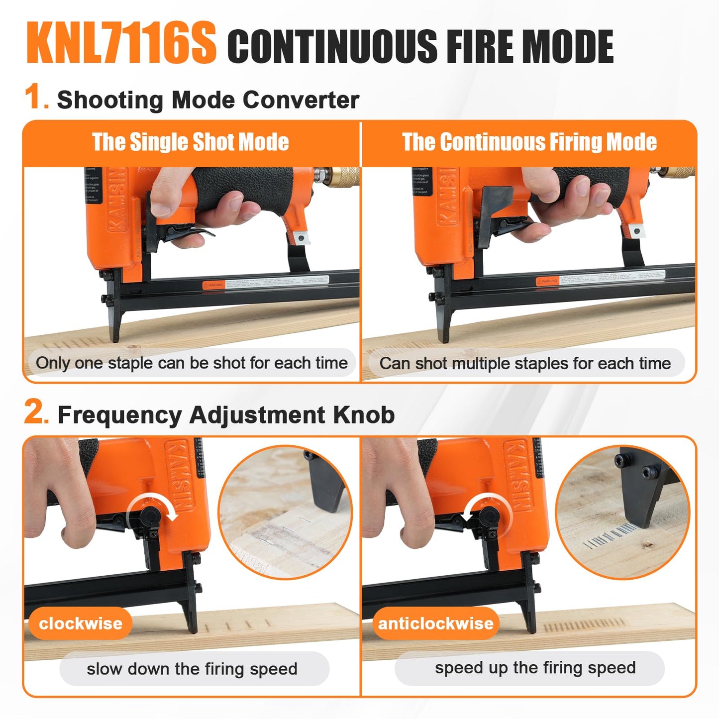 KNL7116S 22 Gauge Pneumatic Upholstery Stapler with Continuous Firing & Long Magazine, 3/8-Inch Crown, 1/4-Inch to 5/8-Inch Leg Length, Heavy Duty Fine Wire Stapler for Furniture and Fabric