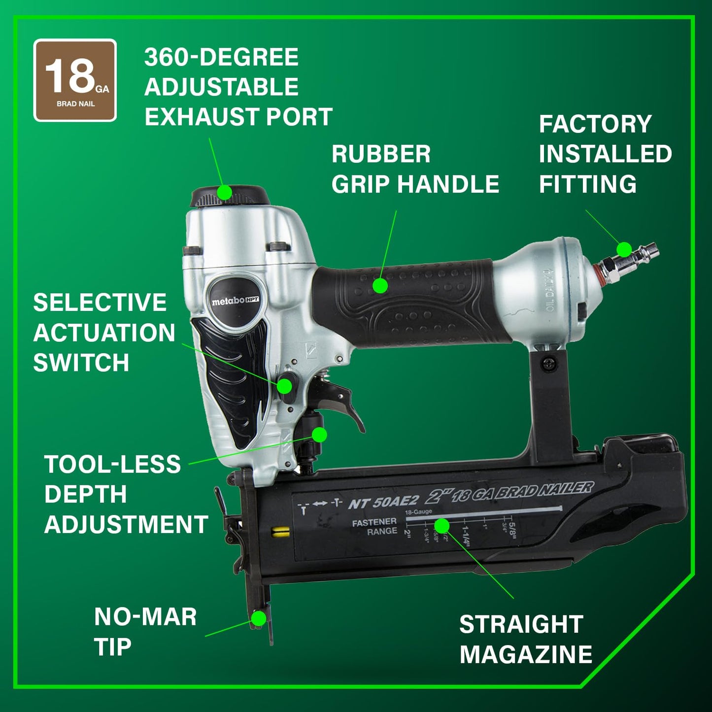 Metabo HPT Brad Nailer,Pro-Preferred Lightweight Pneumatic Power Nailer for Precision Trim Work and Furniture Building,Adjustable Depth,18 Gauge,5/8" up to 2" Brad Nails,NT50AE2,(Pack of 5)