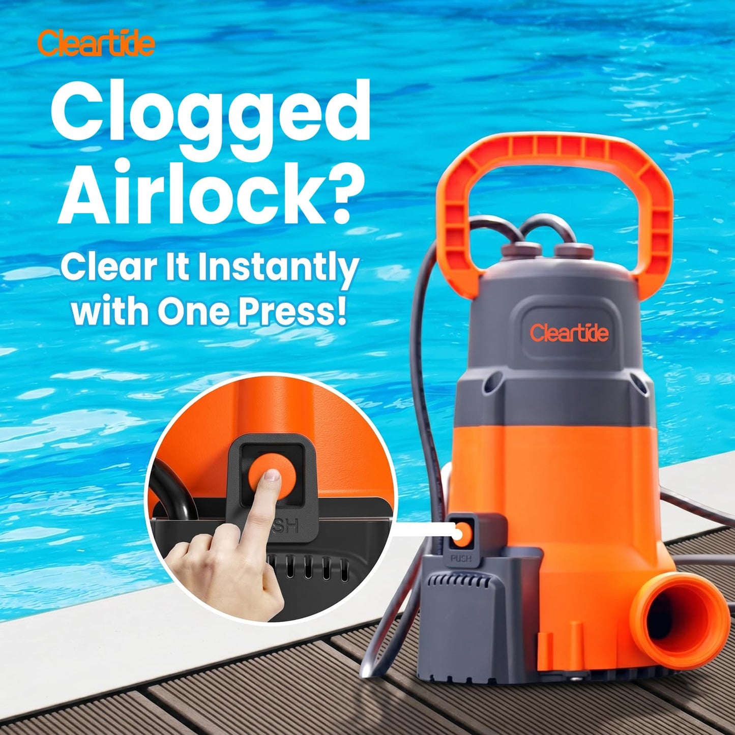 Cleartide 1/4 HP Submersible Utility Water Pump, 2160 GPH High Flow, Portable Sump Pump with Auto Water Sensor for Pool, Flooded Basement, Hot Tub, Pond Draining