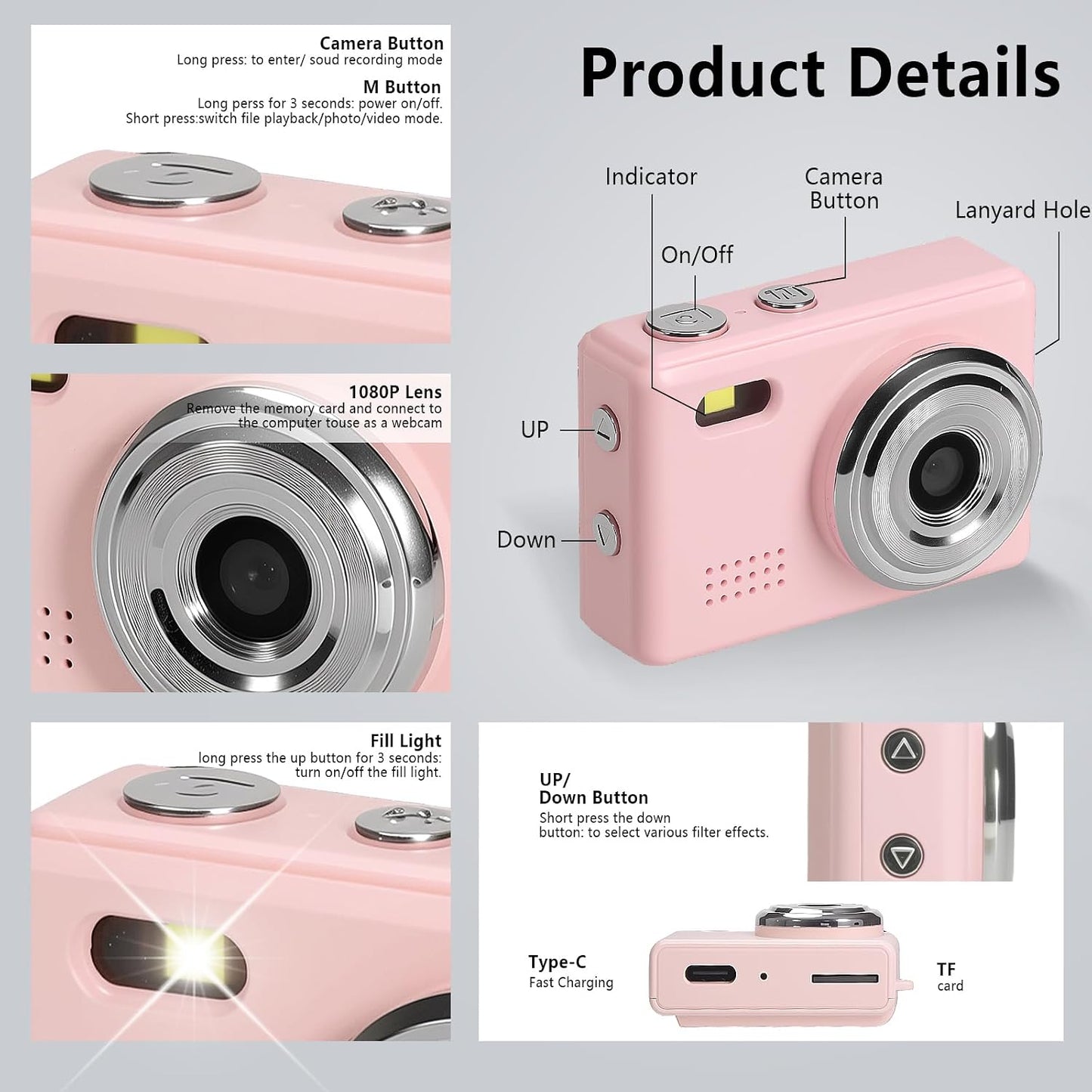 Mhaohuofu 1080p 32GB 6 0.96" 100 Pink1) Mini Keychain Camera, FHD Mini Digital Camera with SD Card, Flash, Creative