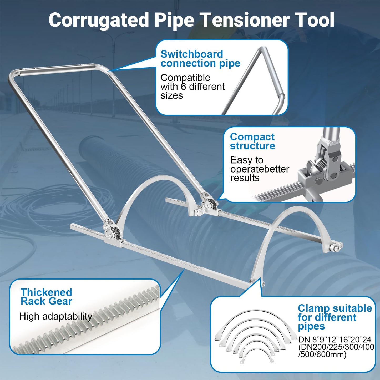 200-600mm HDPE Pipe Tensioner Tool，HDPE Corrugated Pipe Tensioner Tool, Heavy Duty Manual Docking Clamp Kit for Drainage Sewer Construction