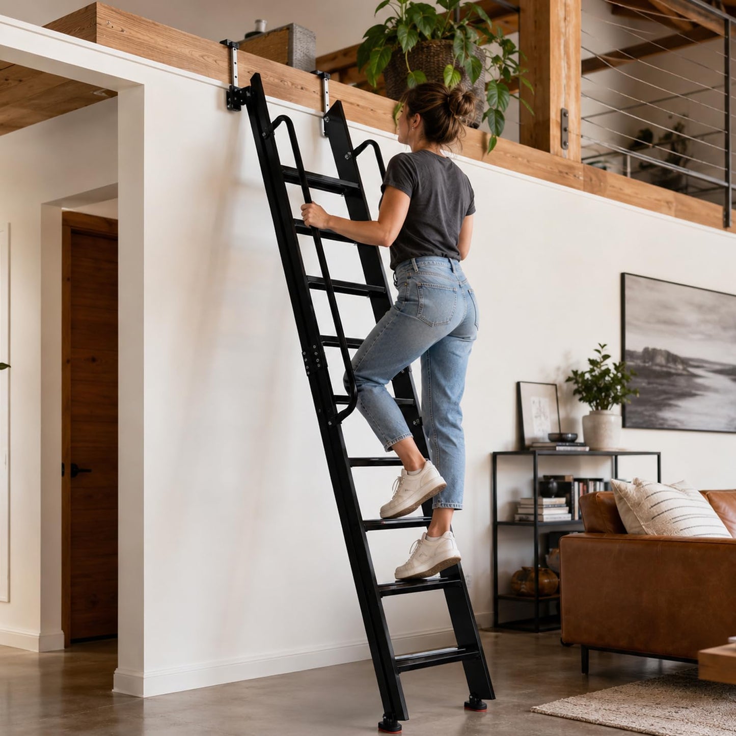 8.2FT Industrial Style Loft Ladder, with Double Handrails, 8 Steps Library Ladder, 1100LBS Capacity, Carbon Steel Attic Loft Stairs, Wall Mounted Loft Ladder for Home Library Warehouse