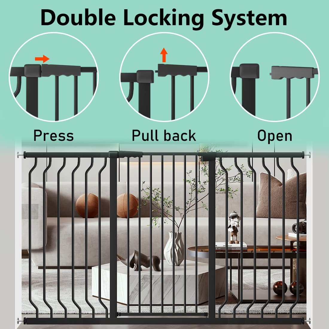 ALLAIBB Black 40.55" Extra Tall Wide 57.48-73.62" Baby Gate Pressure Mounted Walk Through Child Kids Safety Toddler Tension Pet Dog Gates with Extension for Doorways Kitchen
