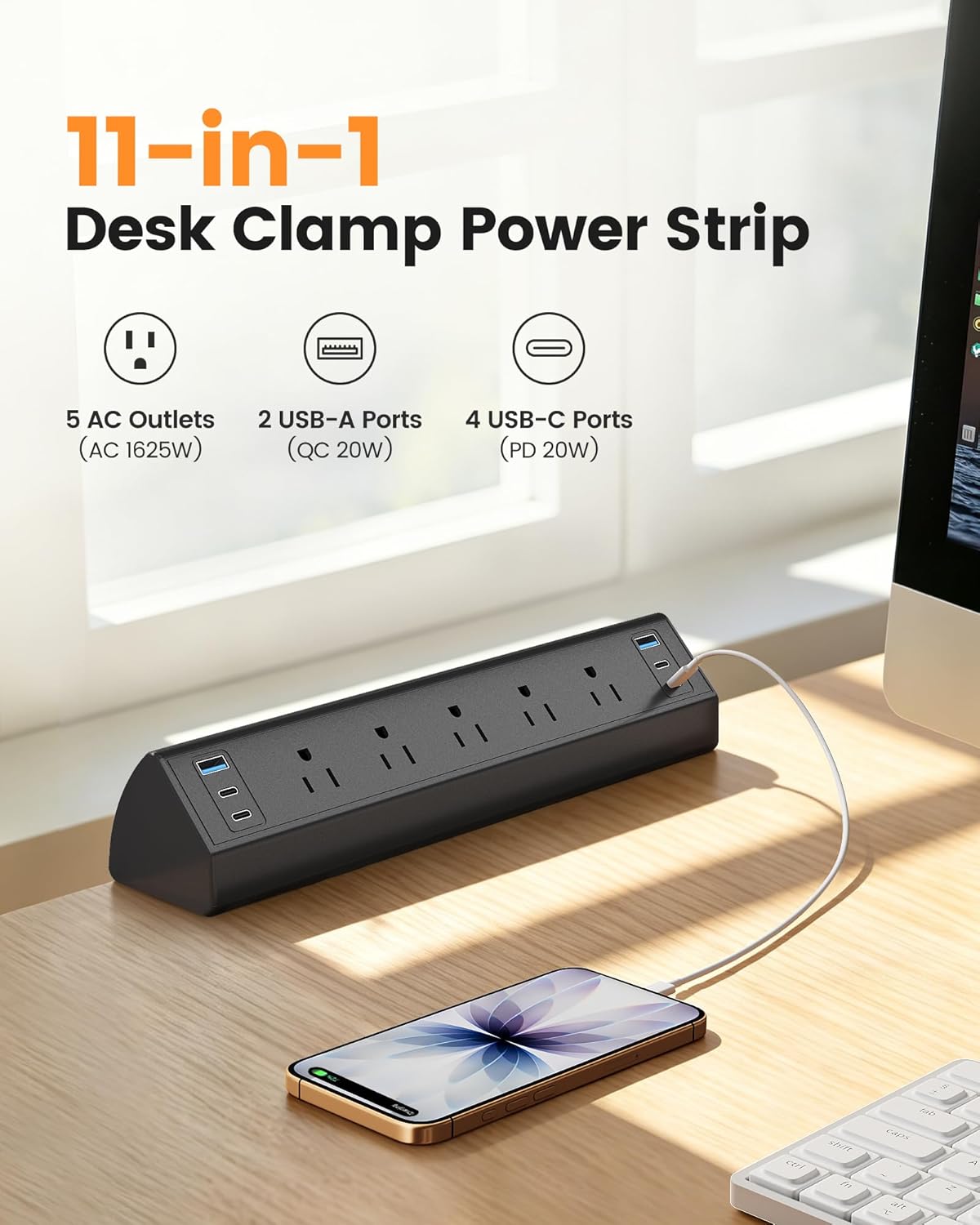 SURAIELEC 5 40W 4 20W 2 900J 1.97 45 6 Desk Clamp Power Strip with Outlets, Total Fast Charging Station, PD USB-C