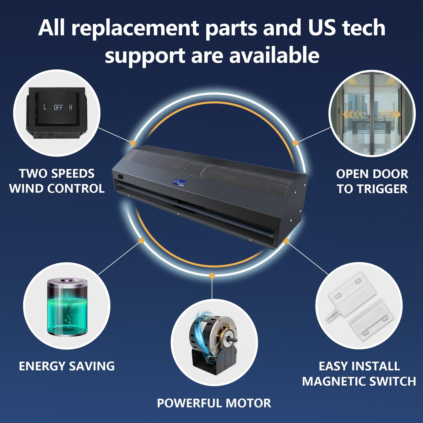 Awoco 24" Black Super Power 2 Speeds 800 CFM Commercial Indoor Air Curtain, CE Certified, 120V Unheated with an Easy-Install Magnetic Door Switch