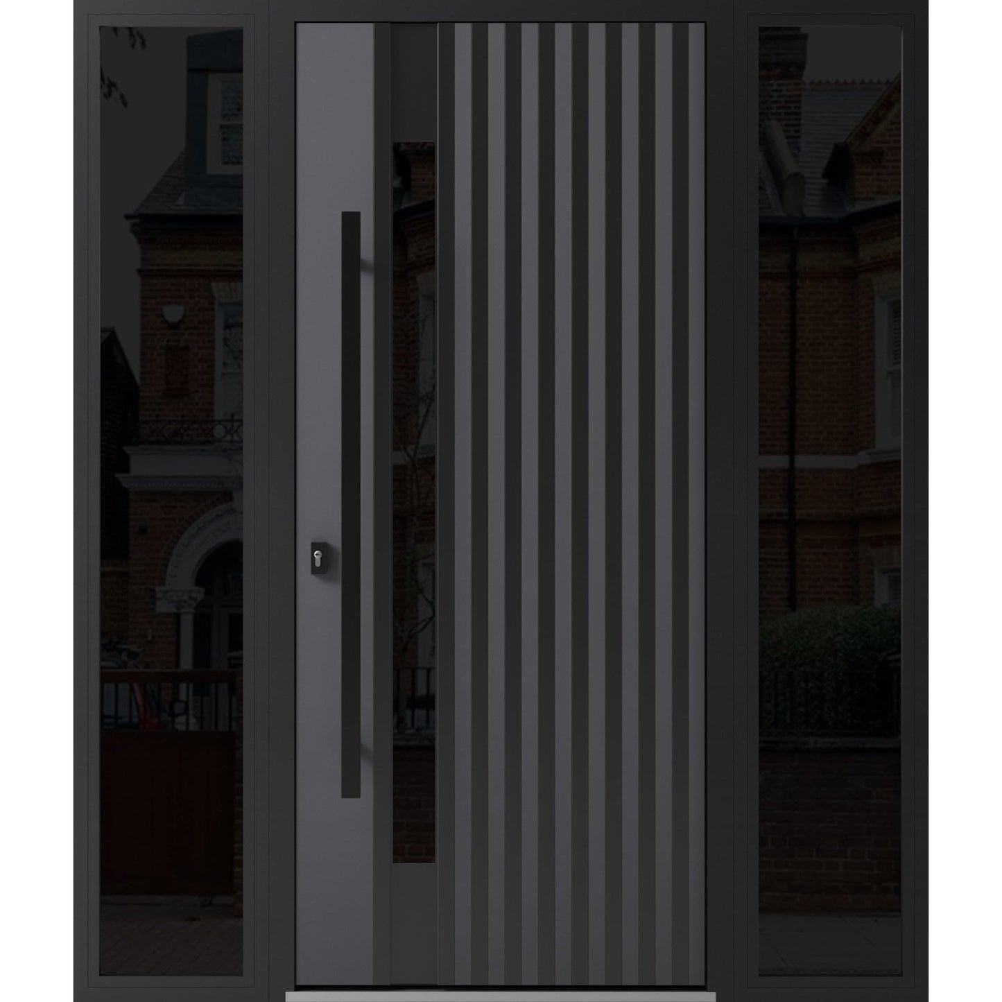 VDOMDOORS Front Exterior Prehung Steel Door/Ronex 0144 Grey / 2 Side Exterior Windows Sidelites/Entry Metal Modern Painted W16+36+16" x H80 Right Hand Inswing