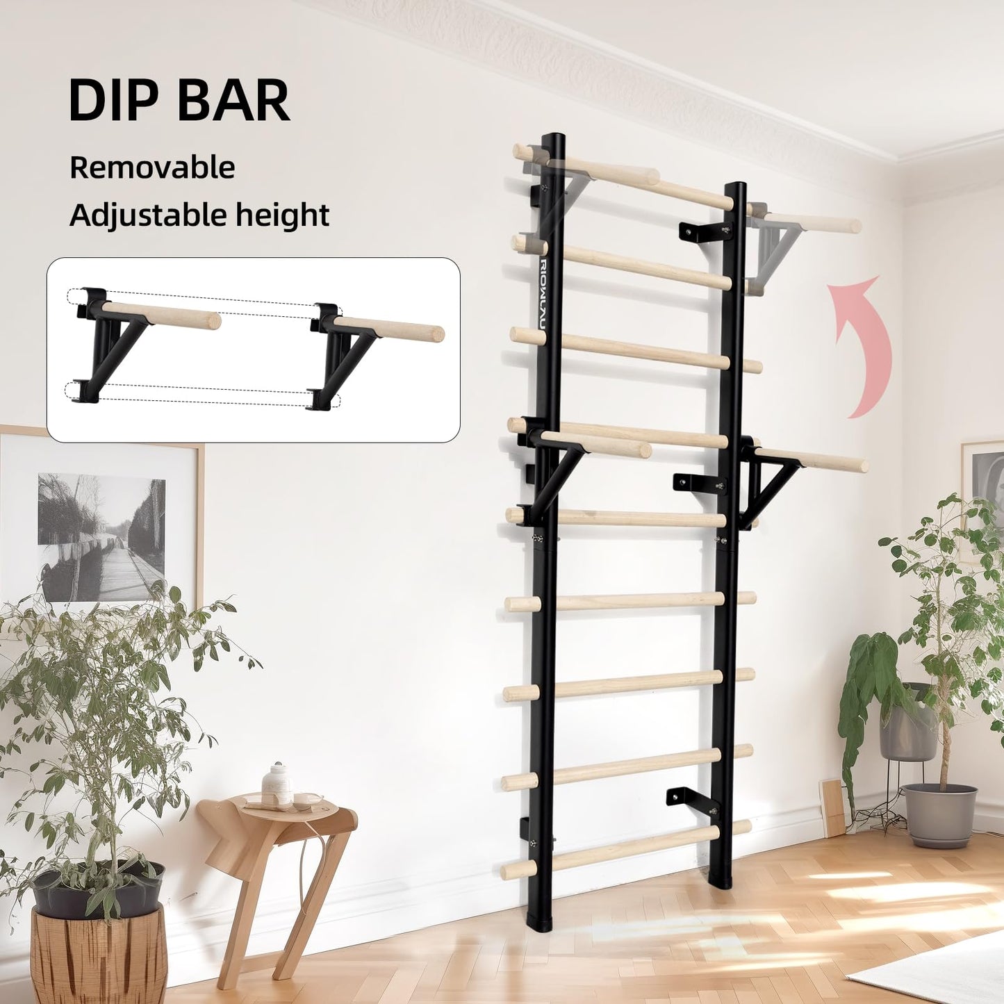 RIOWLAU Swedish Ladder Dip Bar Attachment, Fits TS003A Ladder, Wood Stall Bar for School, Physical Therapy and Gymnastics, Multi-grip (Black, 20"L x 2"W x 11"H)