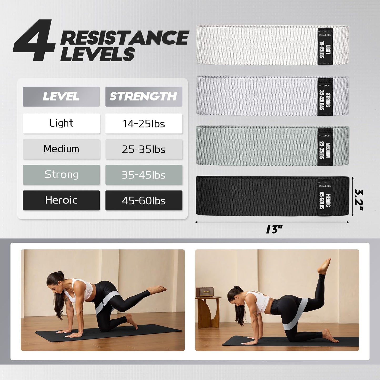 Resistance Bands for Working Out with Guide, 4 Workout Bands for Women & Men, Fabric Exercise Bands for Legs, Hip, Glute, Butt, Booty Bands Set for Yoga, Pilates, Strength (Gradient Gray)