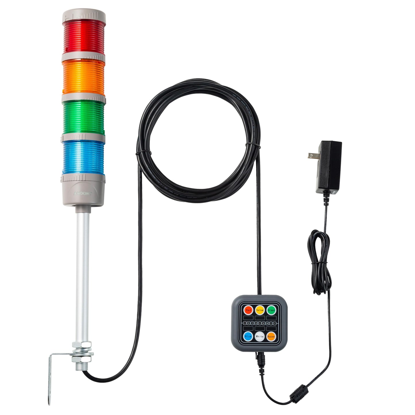ANDONT 4-Stack LED Andon Tower Signal Light with Buzzer, Red/Yellow/Green/Blue, On/Off/Flash, Control Box, Mean Well Industrial Power Adapter 6 ft & 16 ft Extension Cord, Plug-and-Play