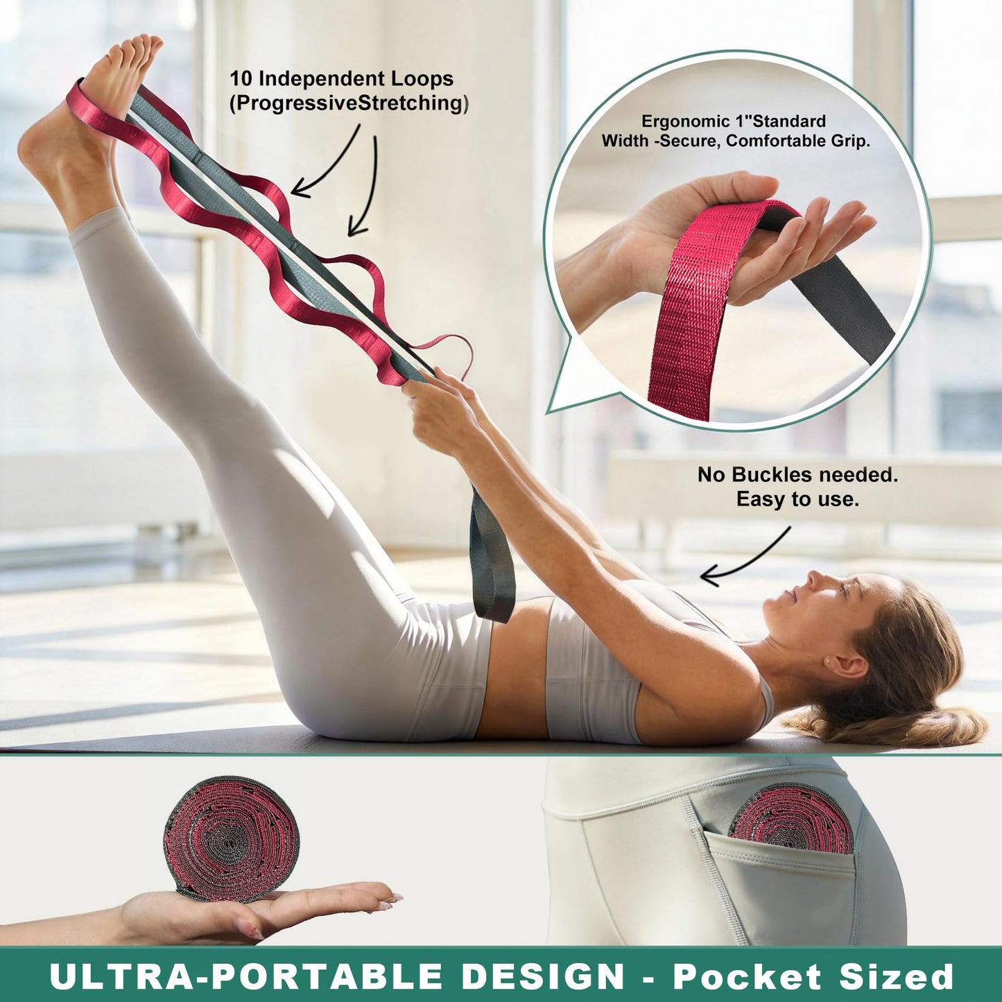 Acozycoo Stretching Strap with 10 Loops – Non-Elastic Yoga Strap for Physical Therapy, Knee Replacement Recovery & Plantar Fasciitis – Leg Stretcher Band for Flexibility & Hamstring Rehab（Red)