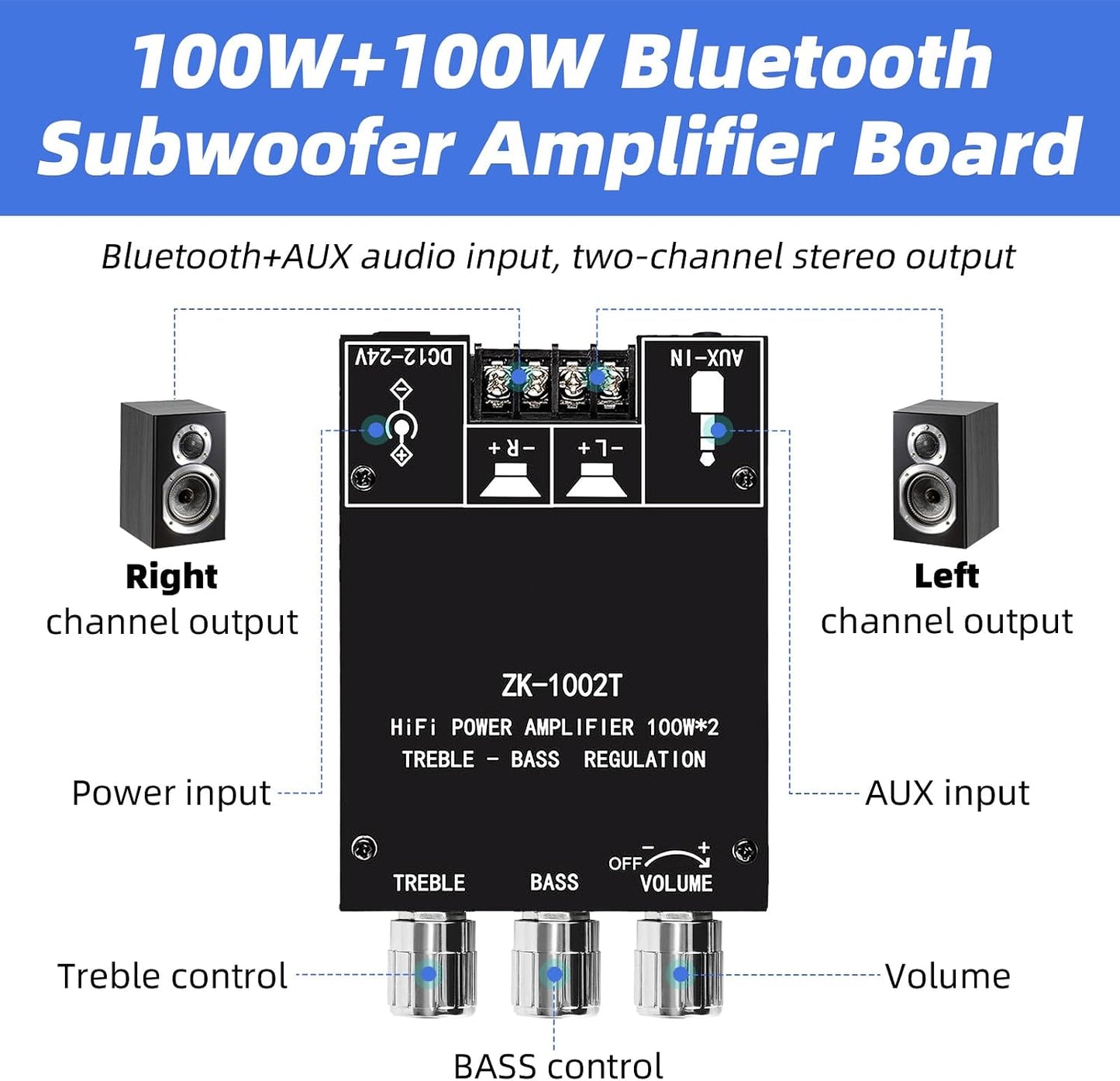 Cozychord ZK-1002T 5.0 200W 2.0 12V-24V Bluetooth Stereo Amplifier Board, HiFi Channel Mini Audio Amp Module