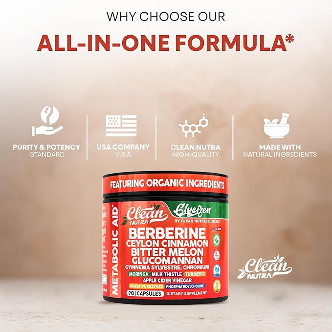 Clean Nutra Berberine and Ceylon Cinnamon Supplement Bitter Melon Glucomannan Gymnema Sylvestre Chromium Moringa Milk Thistle Turmeric Apple Cider Vinegar Digestive Enzymes Inositol Pills 90 Capsules