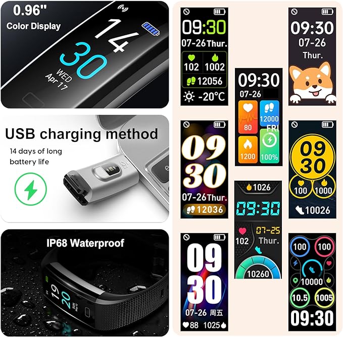 ENGERWALL Fitness Tracker with Step Counter/Calories/Stopwatch, Activity Tracker with Heart Rate Monitor, IP68, Health Tracker with Sleep Tracker, Smartwatch, Pedometer Watch for Women Men Kids