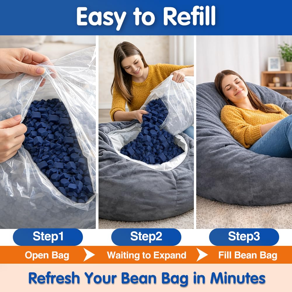 Welacer Bean Bag Filler, 40lbs Blue Memory Foam Filling for Beanbag Chair, Couch Cushions, Pillows, Dog Beds, Pouf Ottoman, Punching Bag Filler, Grappling Dummy, Packing Peanuts Replacement