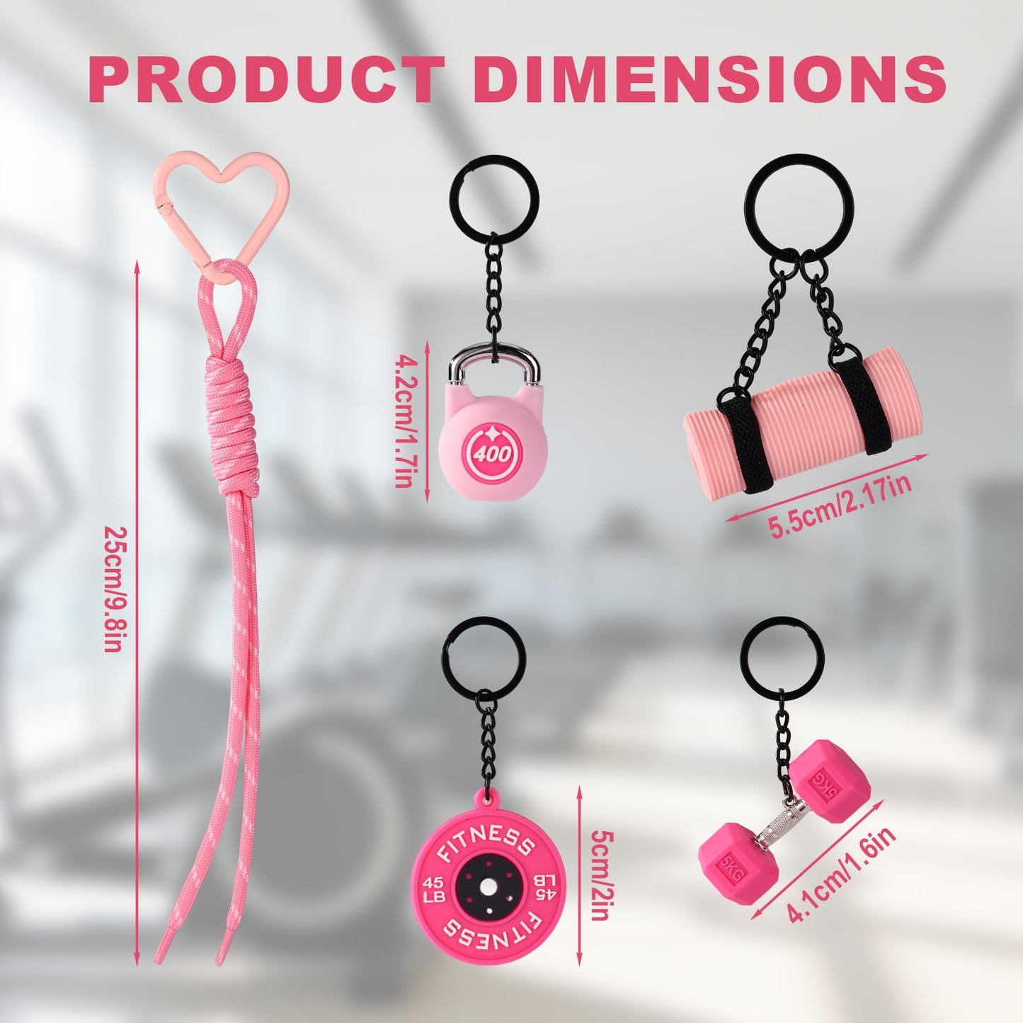 Sinbana Gym Keychain, 5 Styles Pink Dumbbell Kettlebell Barbell Plate Yoga Mat Design Gym Keychain Gift Motivational Fitness Accessories for Men Women Sports Lovers Trainer Friends Family