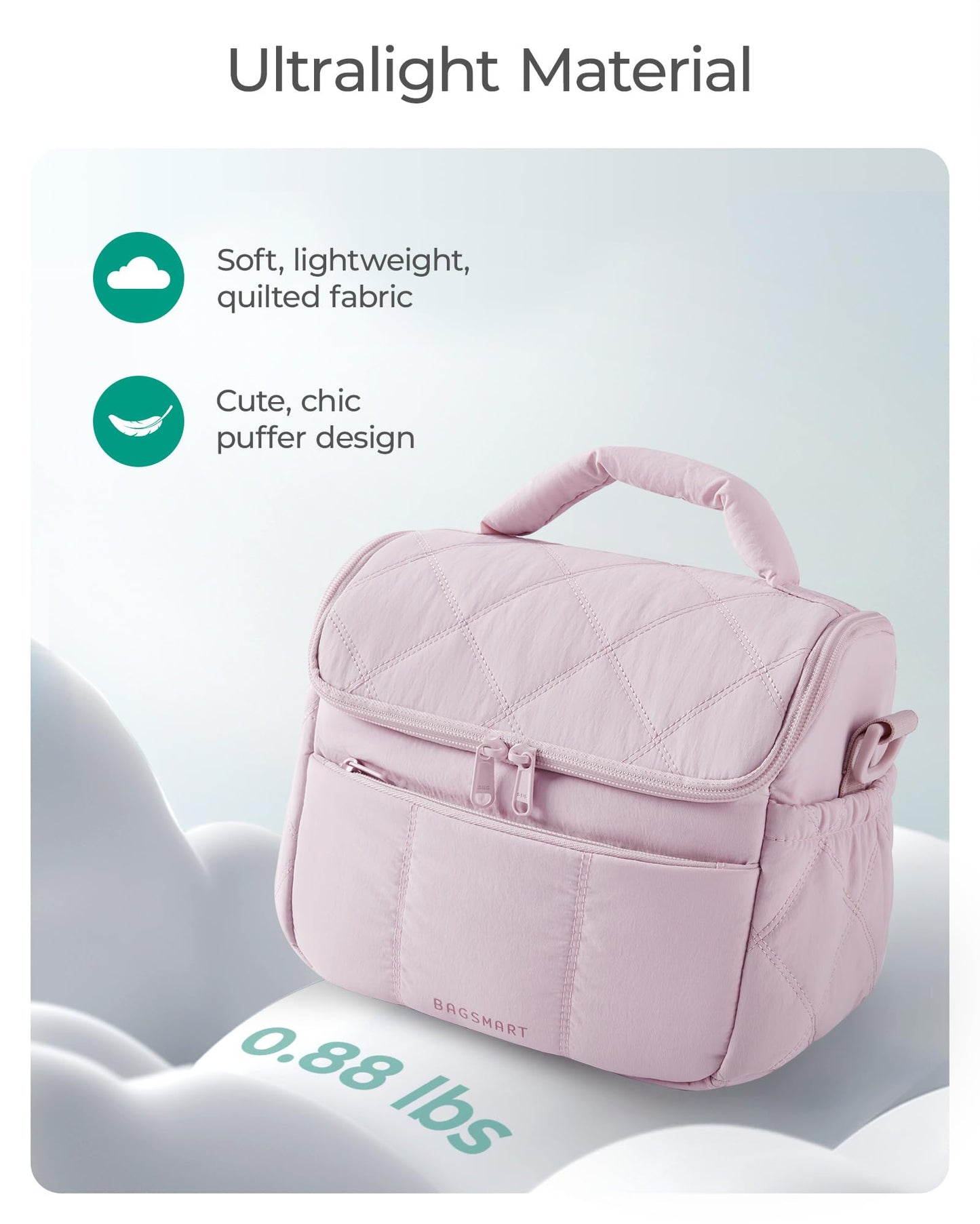 BAGSMART Insulated Lunch Bags for Women, Cute Quilted Lunch Box, Lightweight Puffy Padded Waterproof Lunch Tote, Reusable Lunch Cooler for Work Picnic Travel, Pink