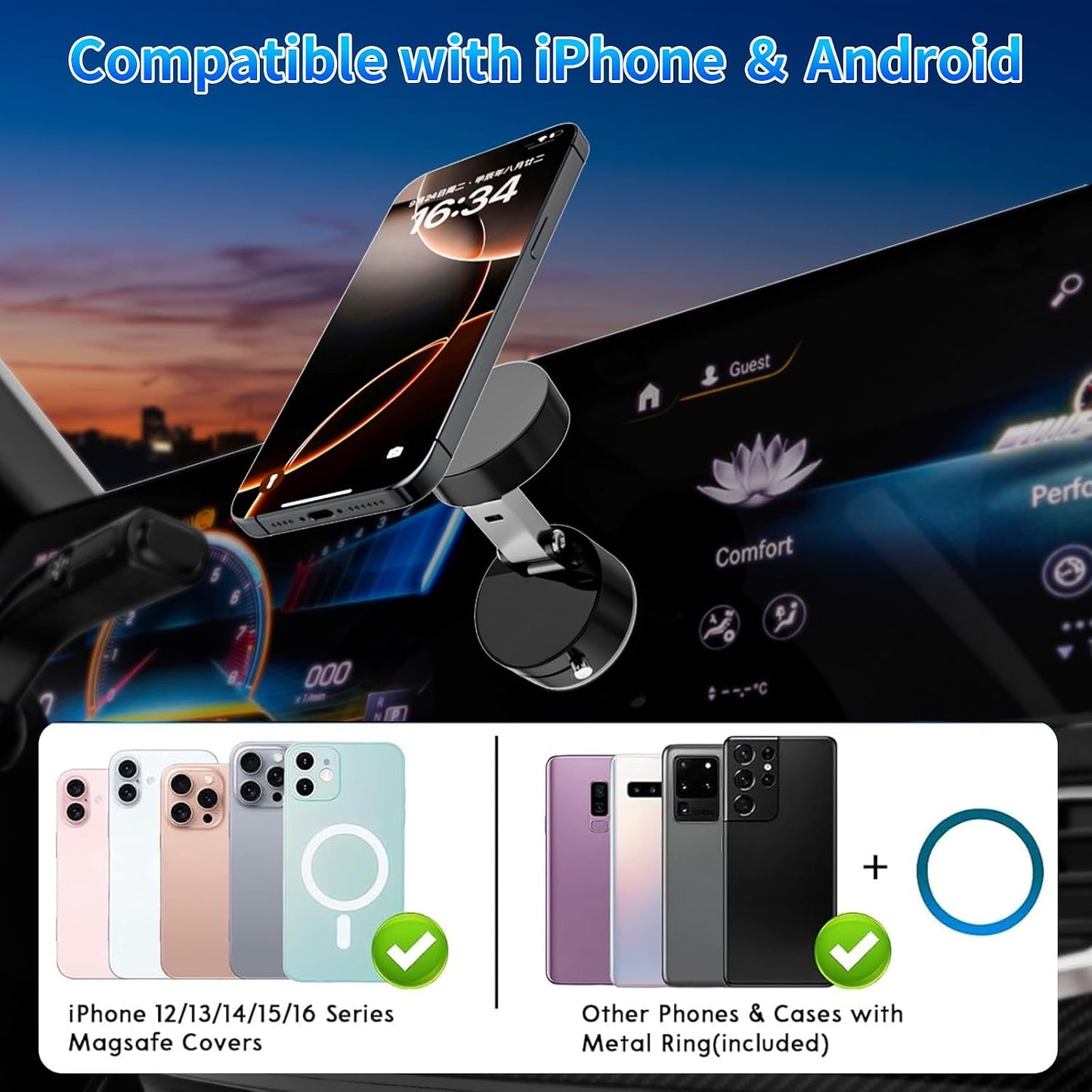 Belcompany 16/15/14/13/12 Vacuum Magnetic Suction Phone Holder, Car Suction Cup Phone Mount Stand, Foldable