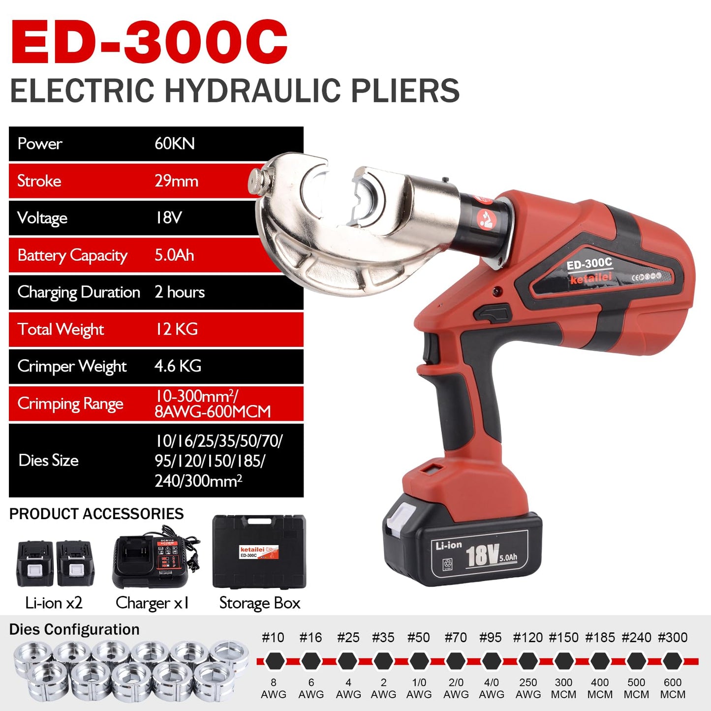 ketailei 6 Ton Electric Hydraulic Crimper, Easy-Open Design for Quick Operation, 65KN Force & Dual 18V/5Ah Batteries, 12 American Standard Dies (6AWG-600MCM)（ED-300C）