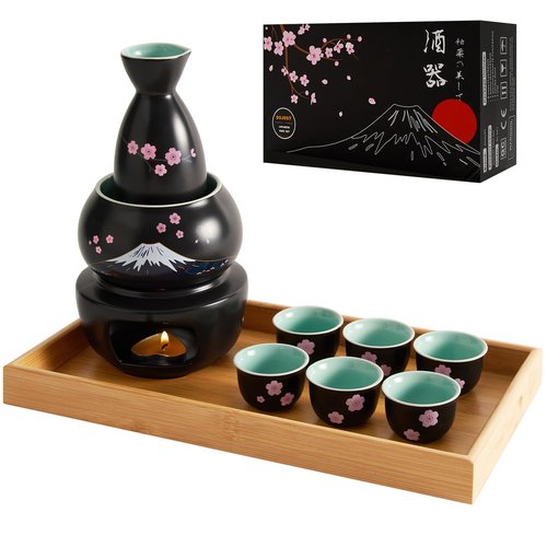 DUJUST 10 pcs Japanese Sake Set with Warmer for 6, Sakura & Fuji Design Porcelain Sake Set, 6 Sake Cups, 1 Bottle, 1 Warmer, 1 Candle Stove, 1 Tray & 1 Box, Warm Sake Carafe, Japanese Gifts - Black