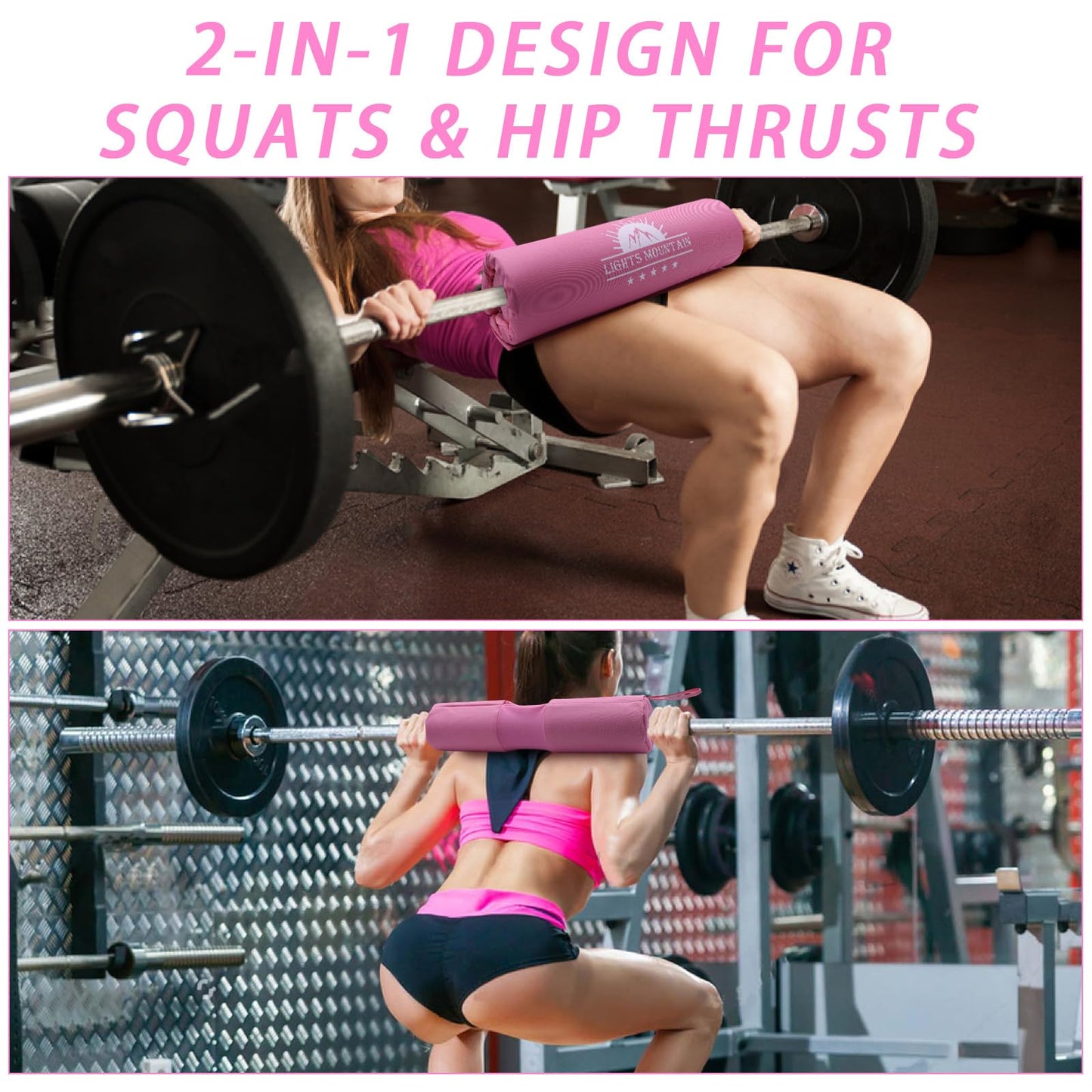 Lights Mountain 2-in-1 Thick Foam Barbell Pad - Non-Slip for Hip Thrust, Squat, Neck & Shoulder Pain Relief, Fits Standard/Olympic Bars, Pink (for Women)
