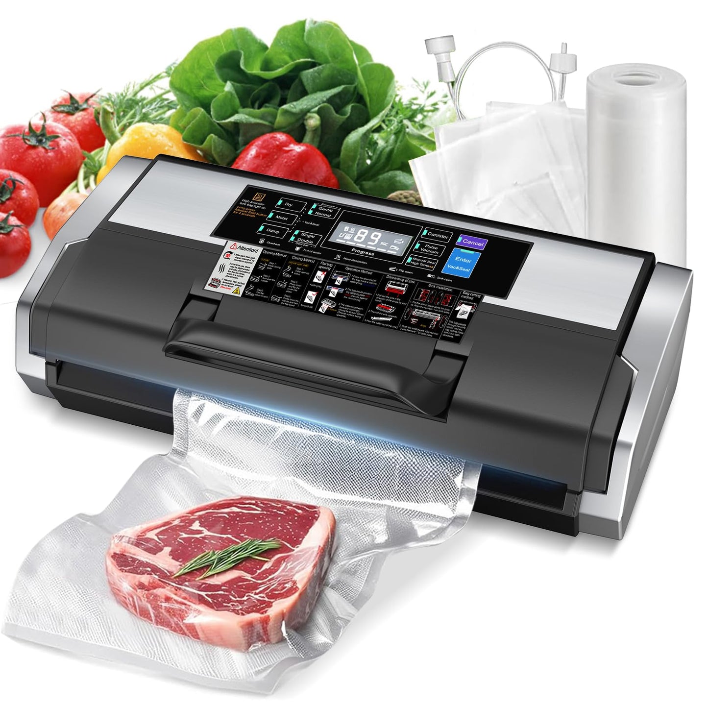 95KPa Vacuum Sealer Machine- Fully Automatic Commercial Food Sealer with 10-in-1 System, Double Heat Seal, Easy-Lock Handle & Built-in Cutter, Includes 1 Roll + 15 Bags (Black Silver)