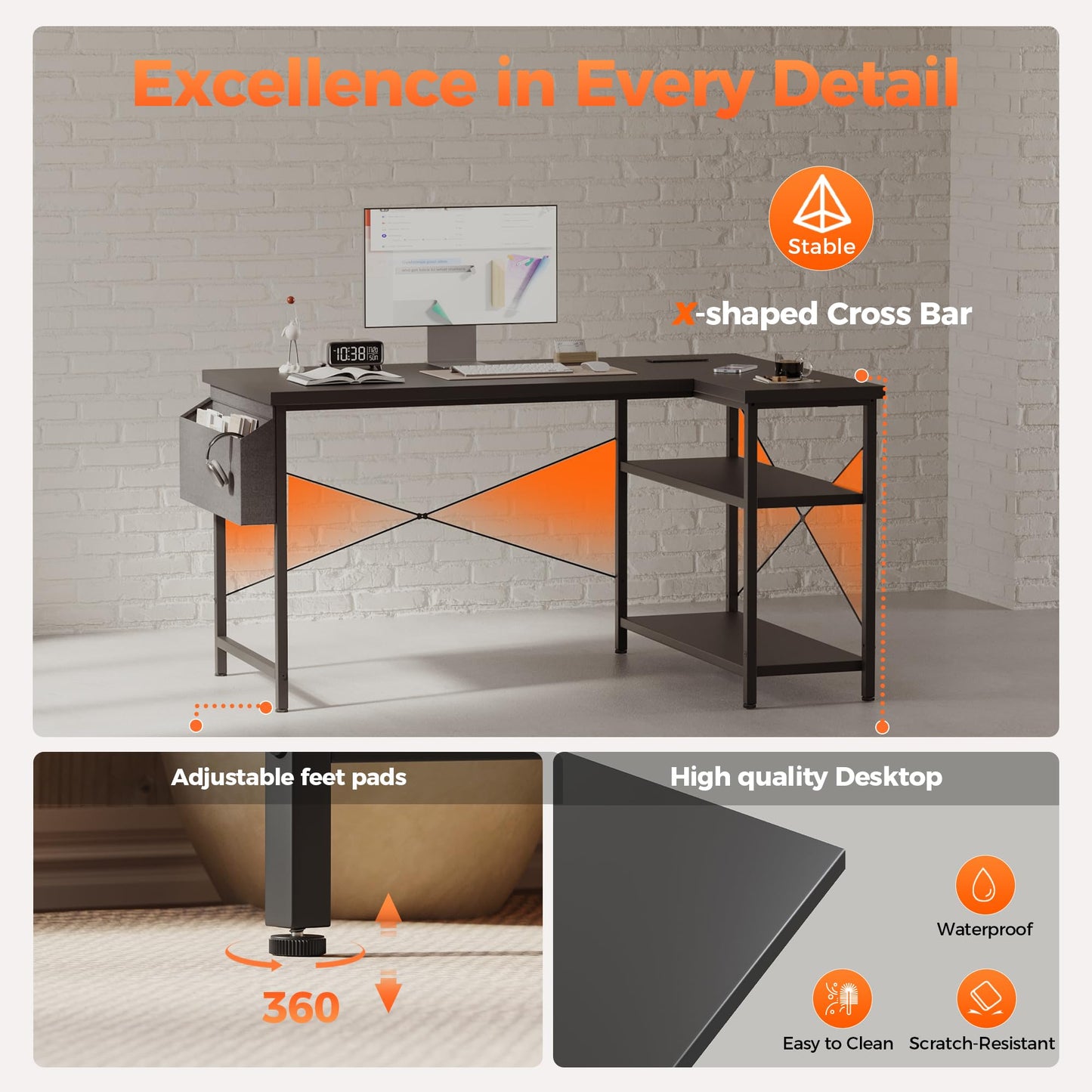 Mericonia Small L Shaped Computer Desk with Power Outlets, Reversible Gaming Desk with Storage Shelves, Corner Gamer Desk Table, Study Writing Table